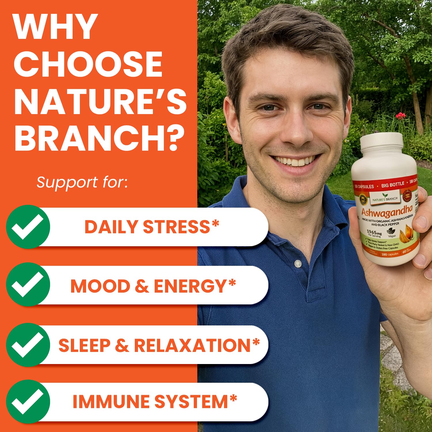 Nature's Branch Ashwagandha capsules with black pepper for enhanced absorption.