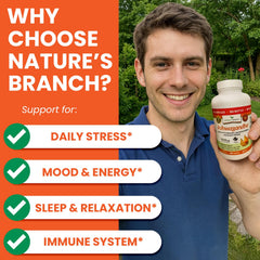 Nature's Branch Ashwagandha capsules with black pepper for enhanced absorption.