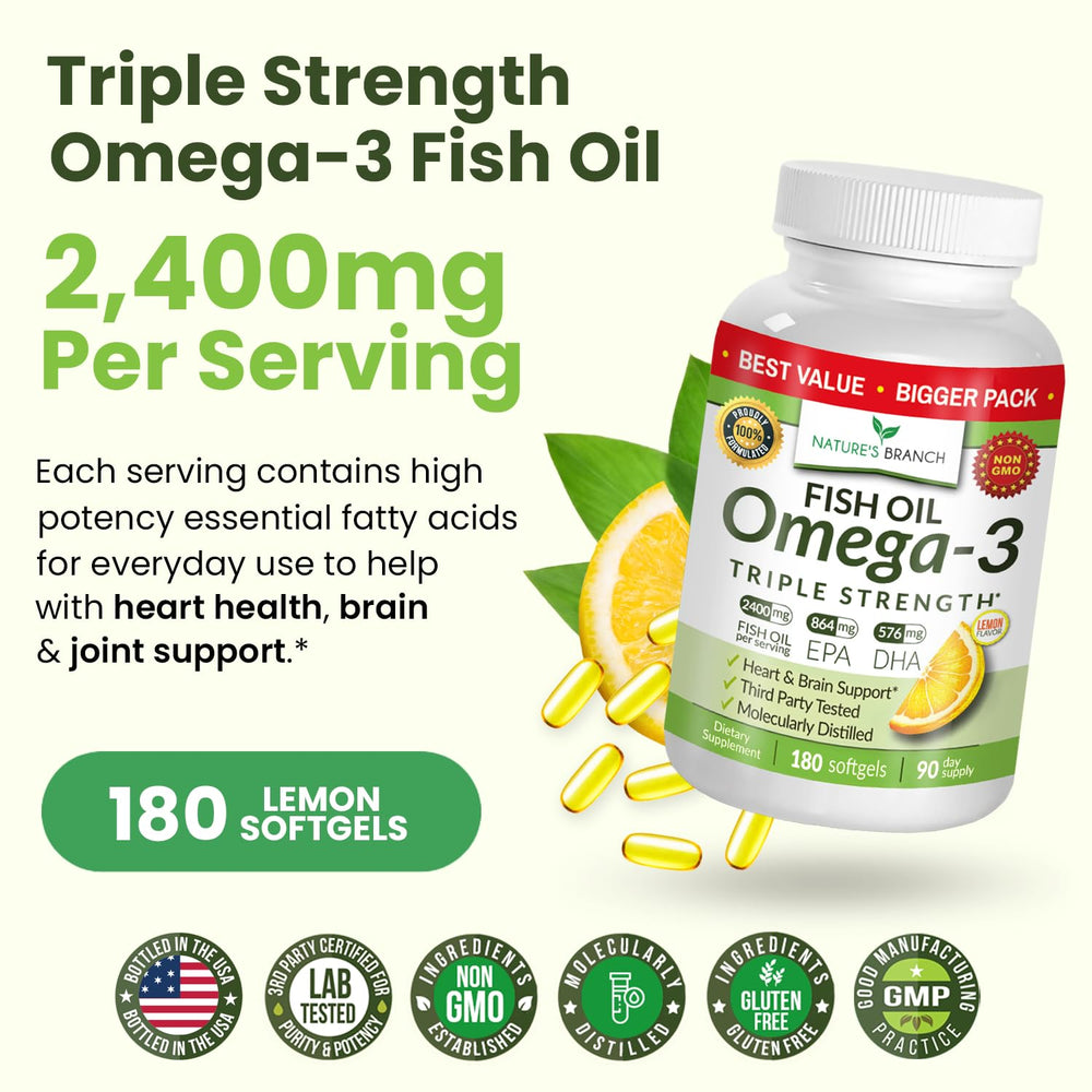 Nature's Branch bottle with glass emphasizes daily supplement ritual.