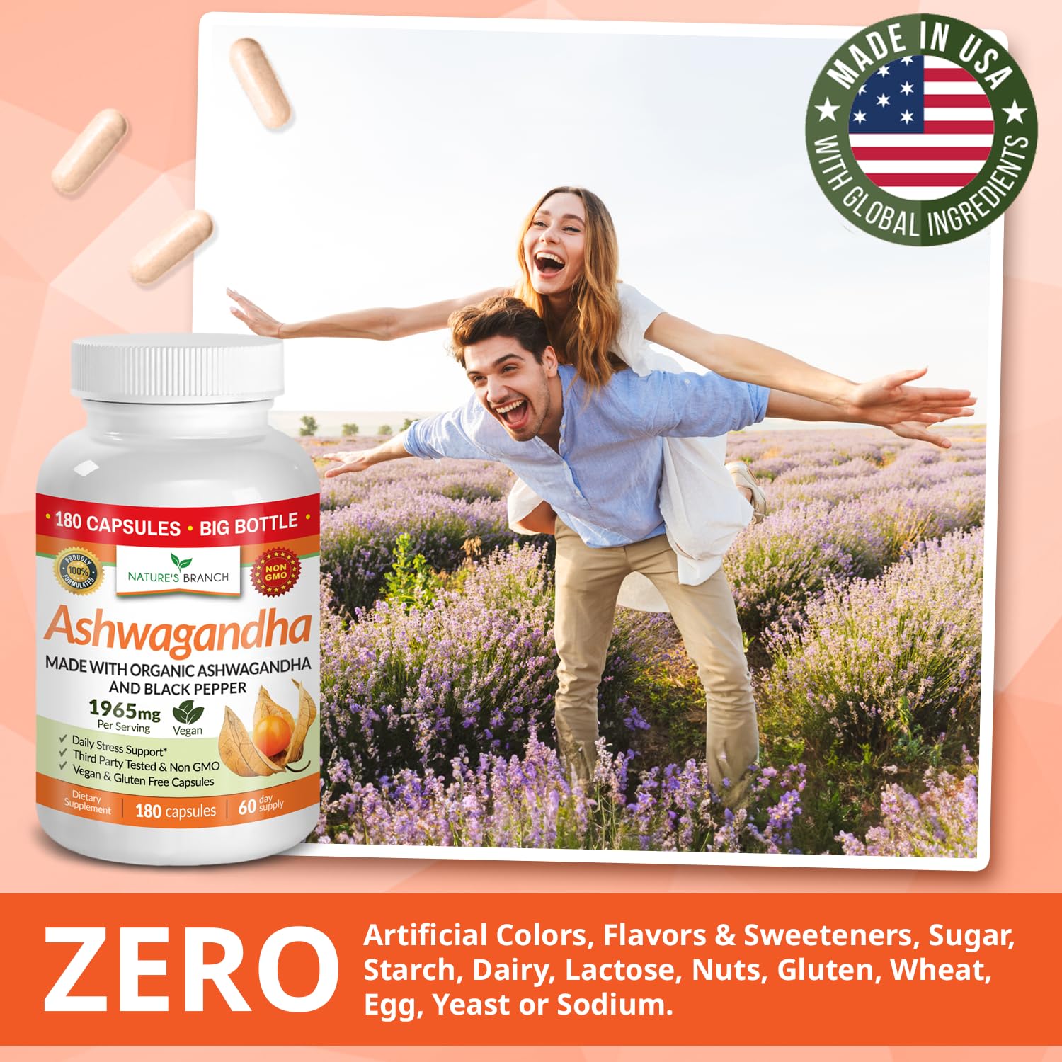 Nature's Branch daily-stress scene with Ashwagandha bottle.
