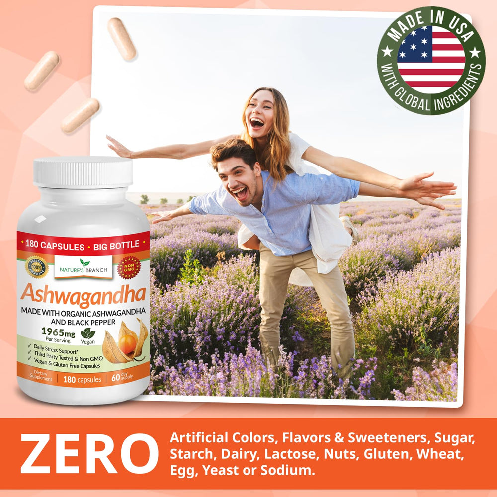 Nature's Branch daily-stress scene with Ashwagandha bottle.