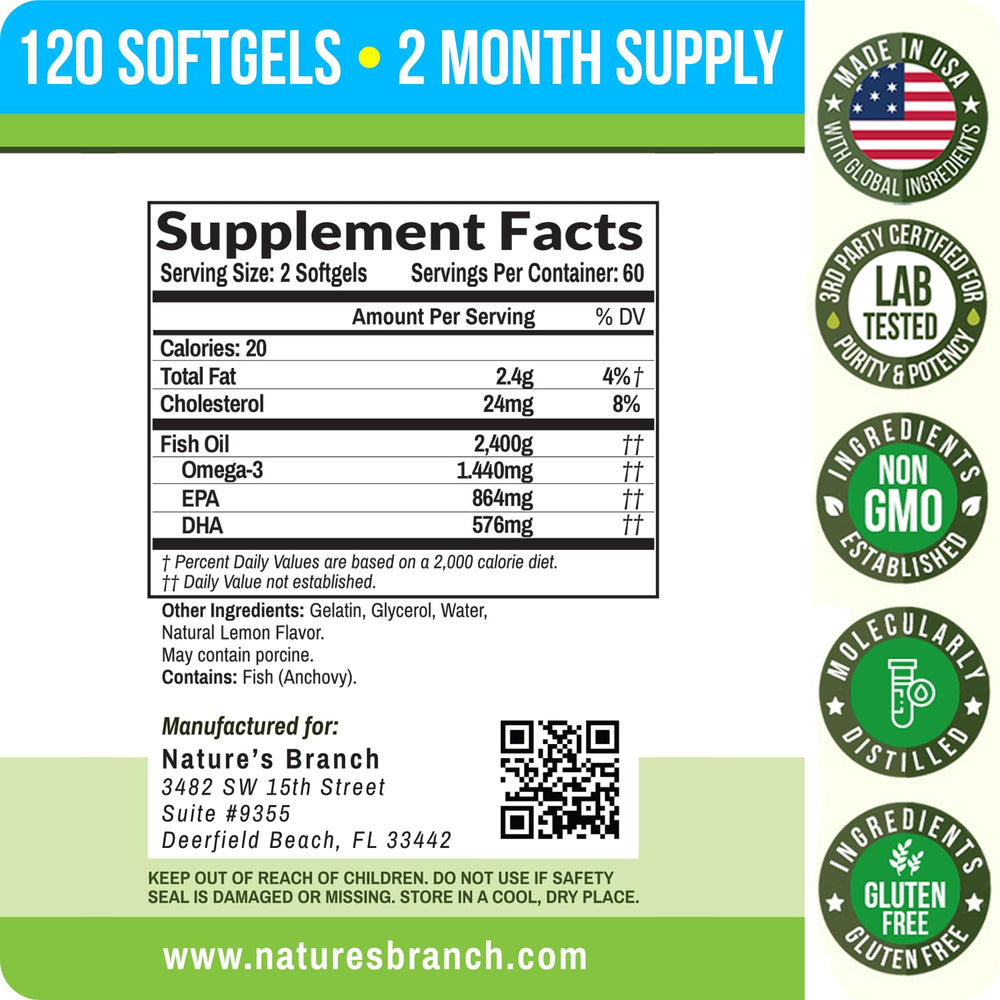 Nature's Branch EPA-DHA breakdown graphic with 864mg EPA and 576mg DHA.