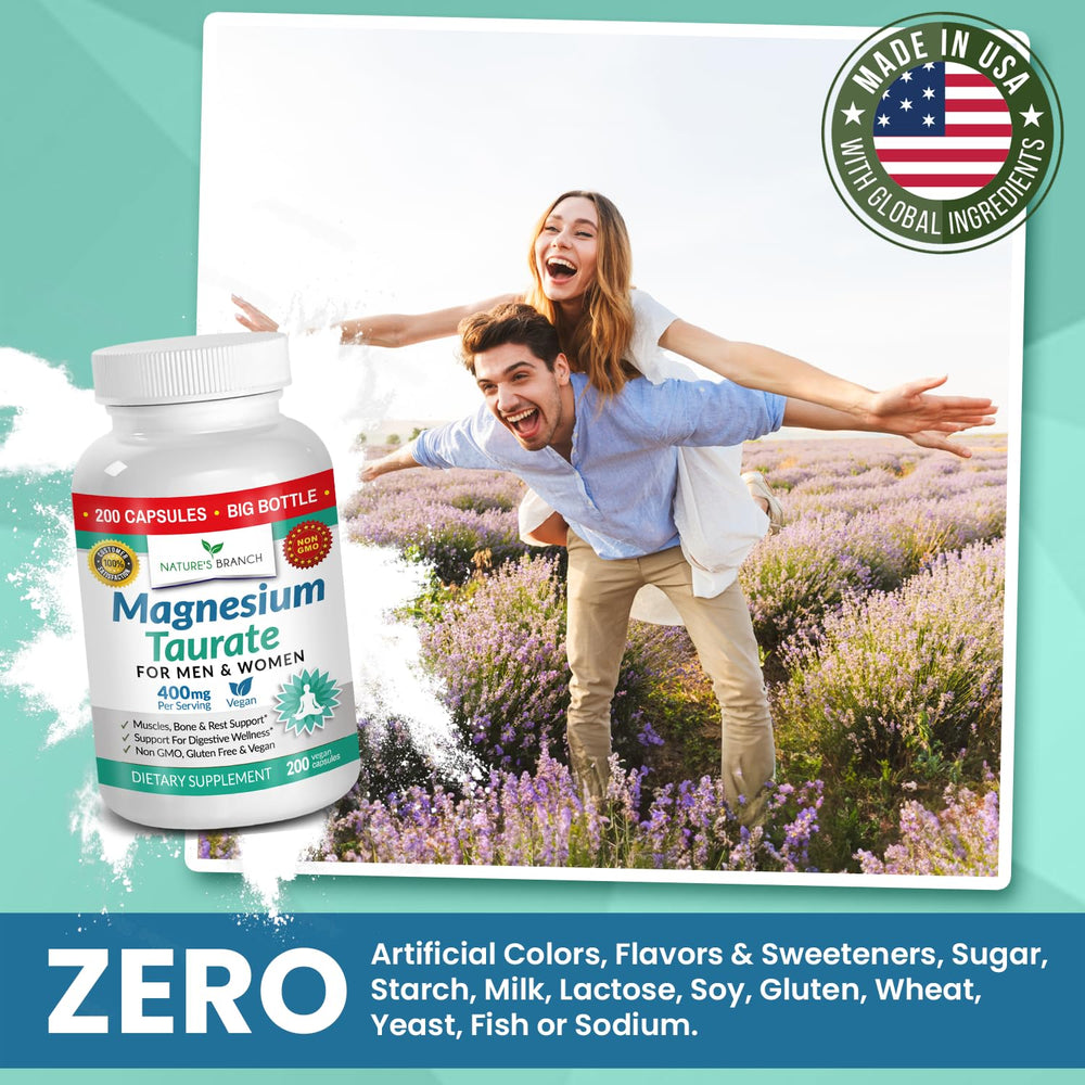 Gluten-free and dairy-free icons on Nature's Branch Magnesium Taurate bottle