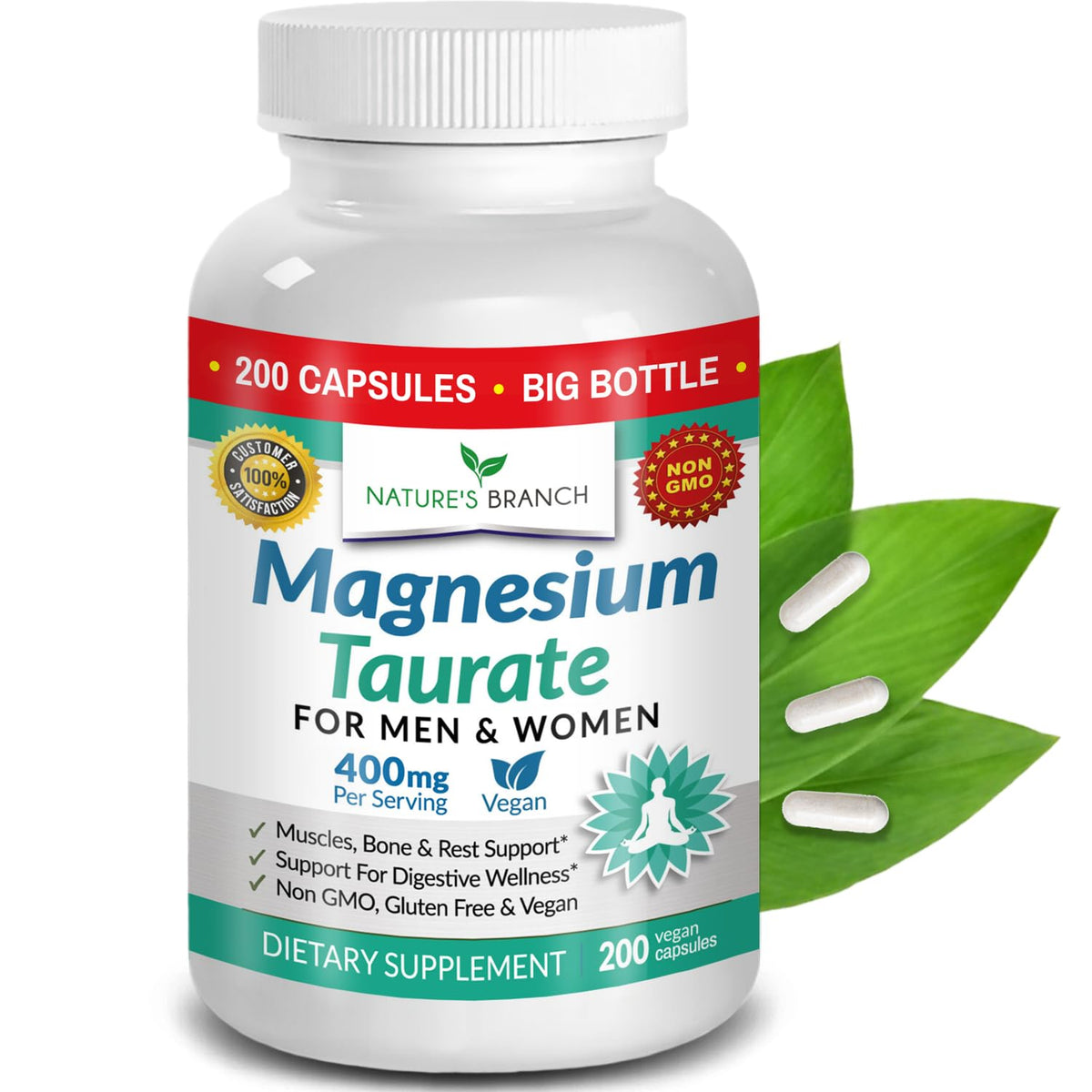 Nature's Branch Magnesium Taurate 400mg bottle with capsules for restful sleep and heart support
