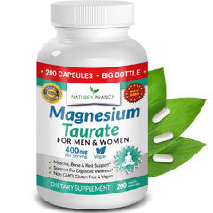 Nature's Branch Magnesium Taurate 400mg bottle with capsules for restful sleep and heart support