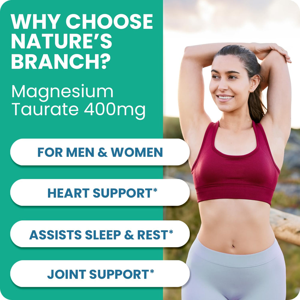 Label closeup of Nature's Branch Magnesium Taurate 400mg showing vegan and USA-made claims