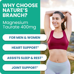 Label closeup of Nature's Branch Magnesium Taurate 400mg showing vegan and USA-made claims