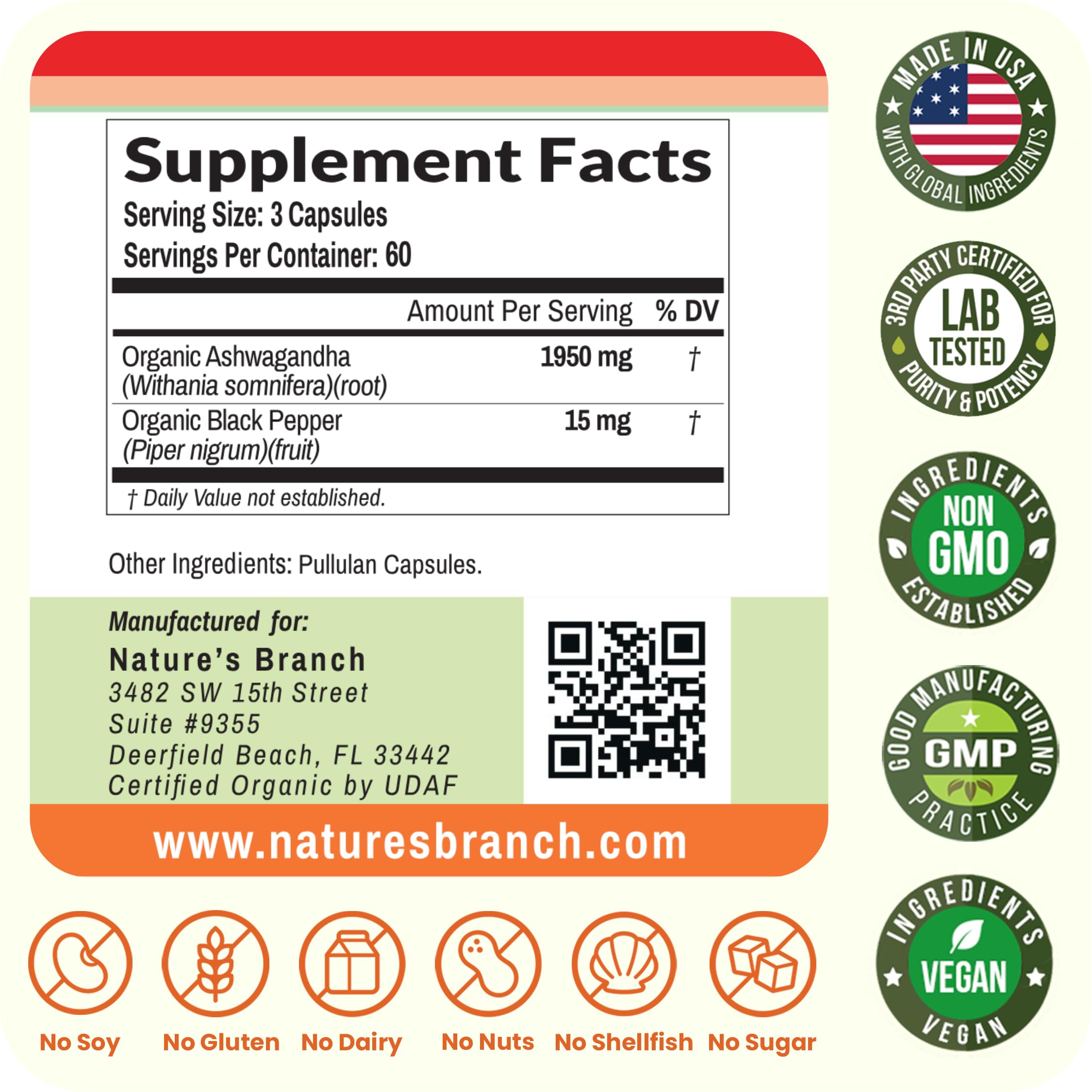 Nature's Branch non-GMO gluten-free dairy-free Ashwagandha label.