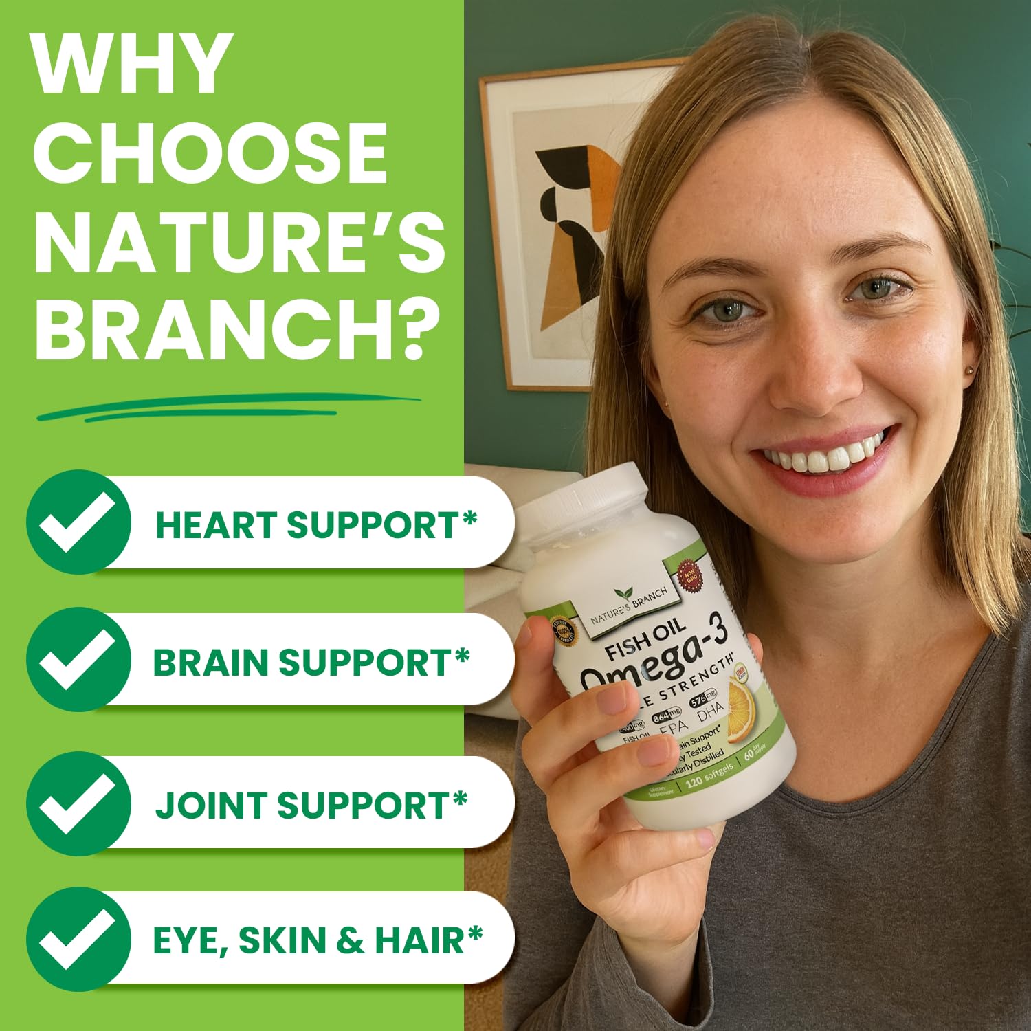 Nature's Branch omega-3 bottle pour showing convenient serving.
