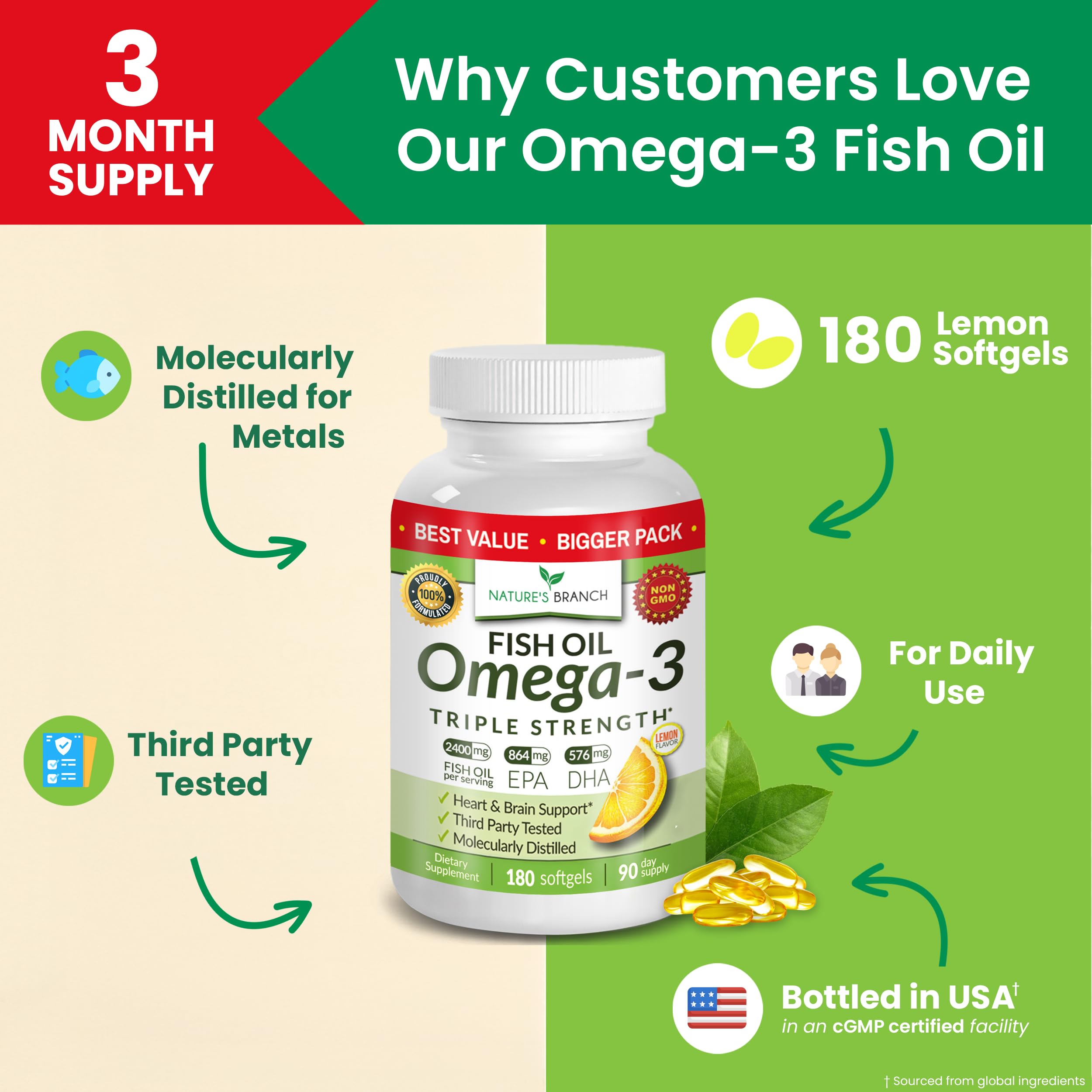 Nature's Branch Omega-3 label closeup highlights purity and potency.
