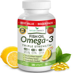 Nature's Branch Omega-3 triple strength bottle for daily heart and joint support.