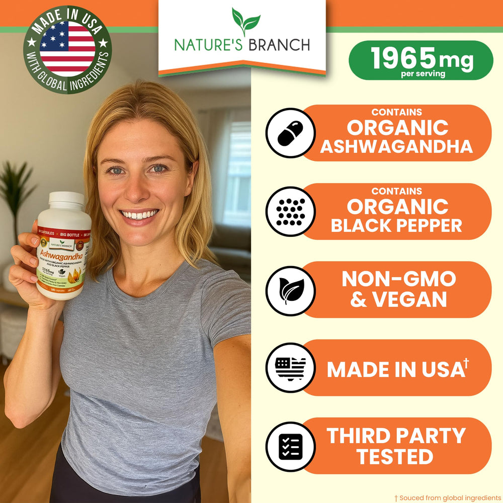 Nature's Branch organic Ashwagandha powder with spoon for premium supplement preparation.