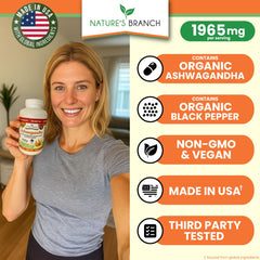 Nature's Branch organic Ashwagandha powder with spoon for premium supplement preparation.
