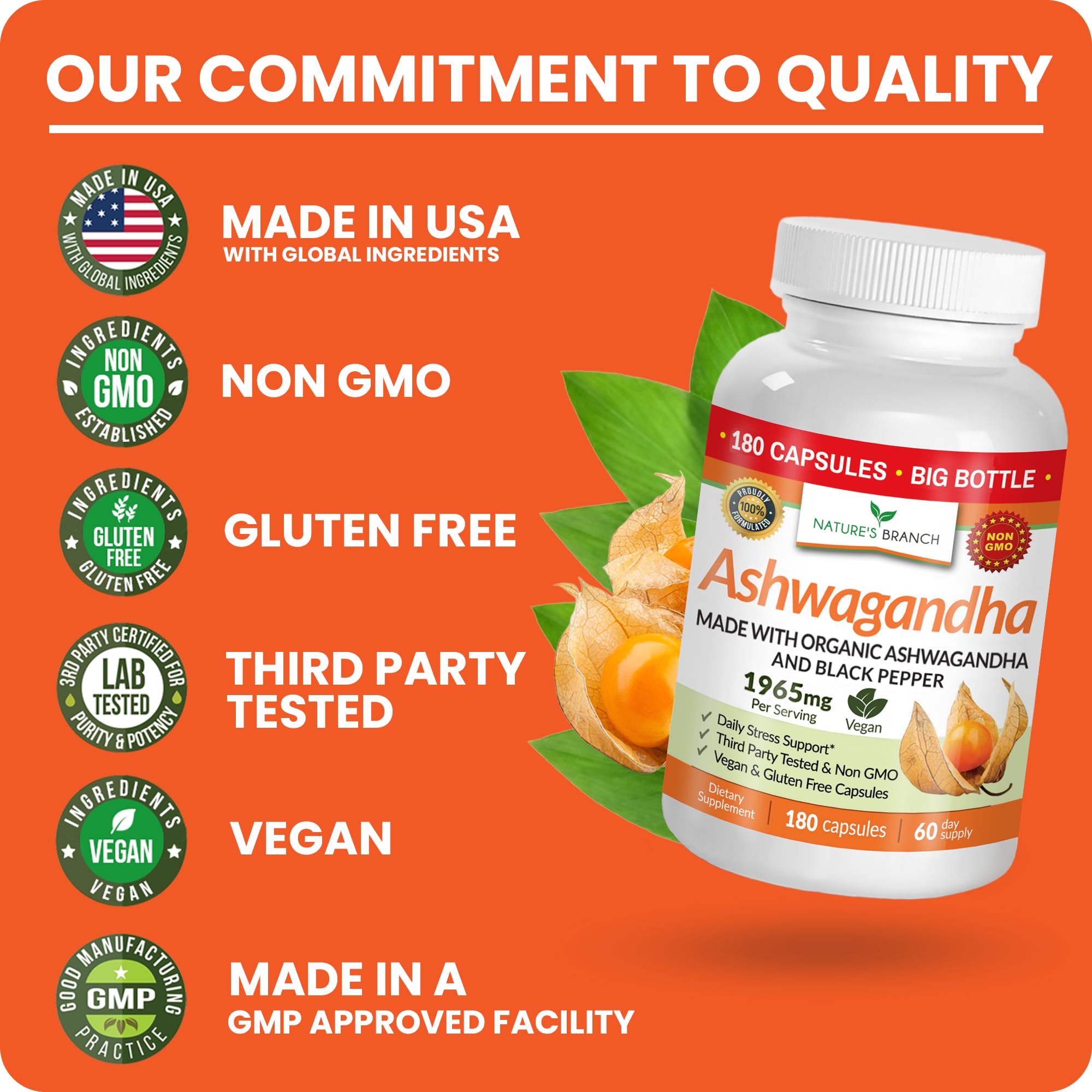 Nature's Branch third-party tested seal on Ashwagandha packaging.