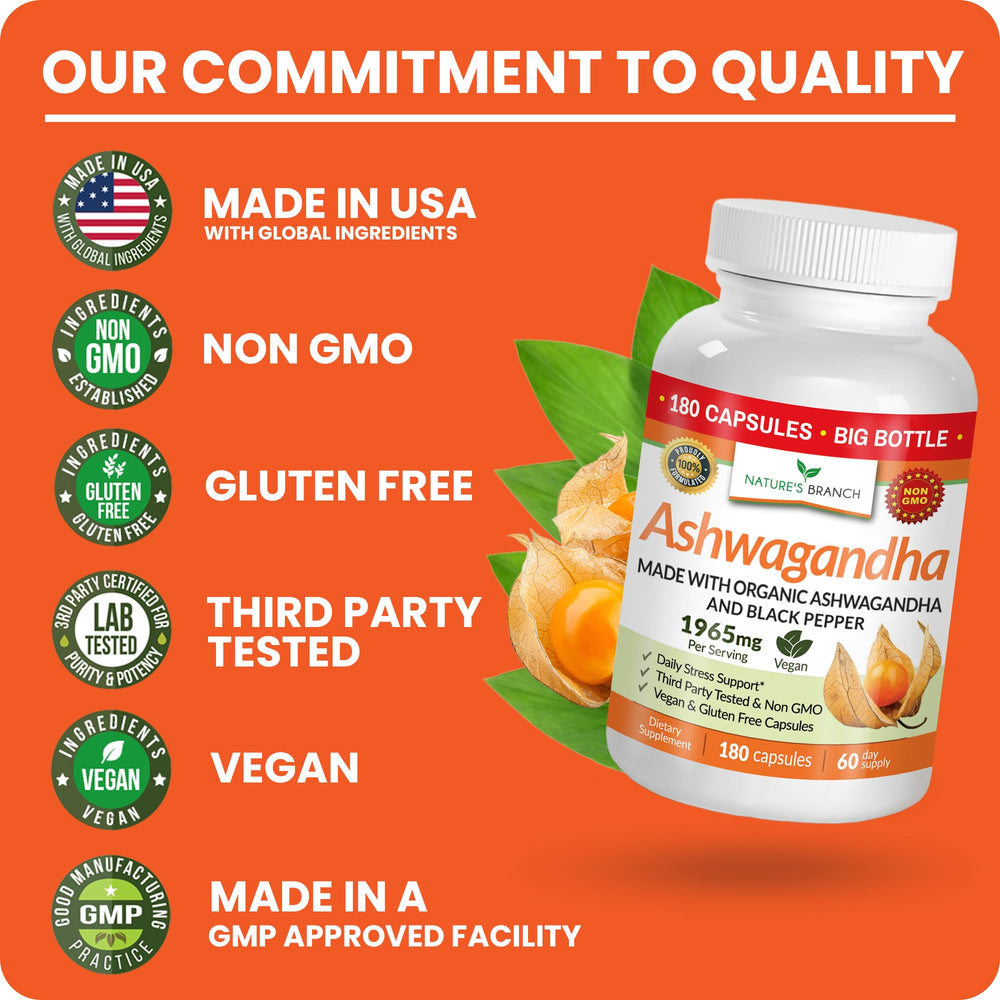 Nature's Branch third-party tested seal on Ashwagandha packaging.