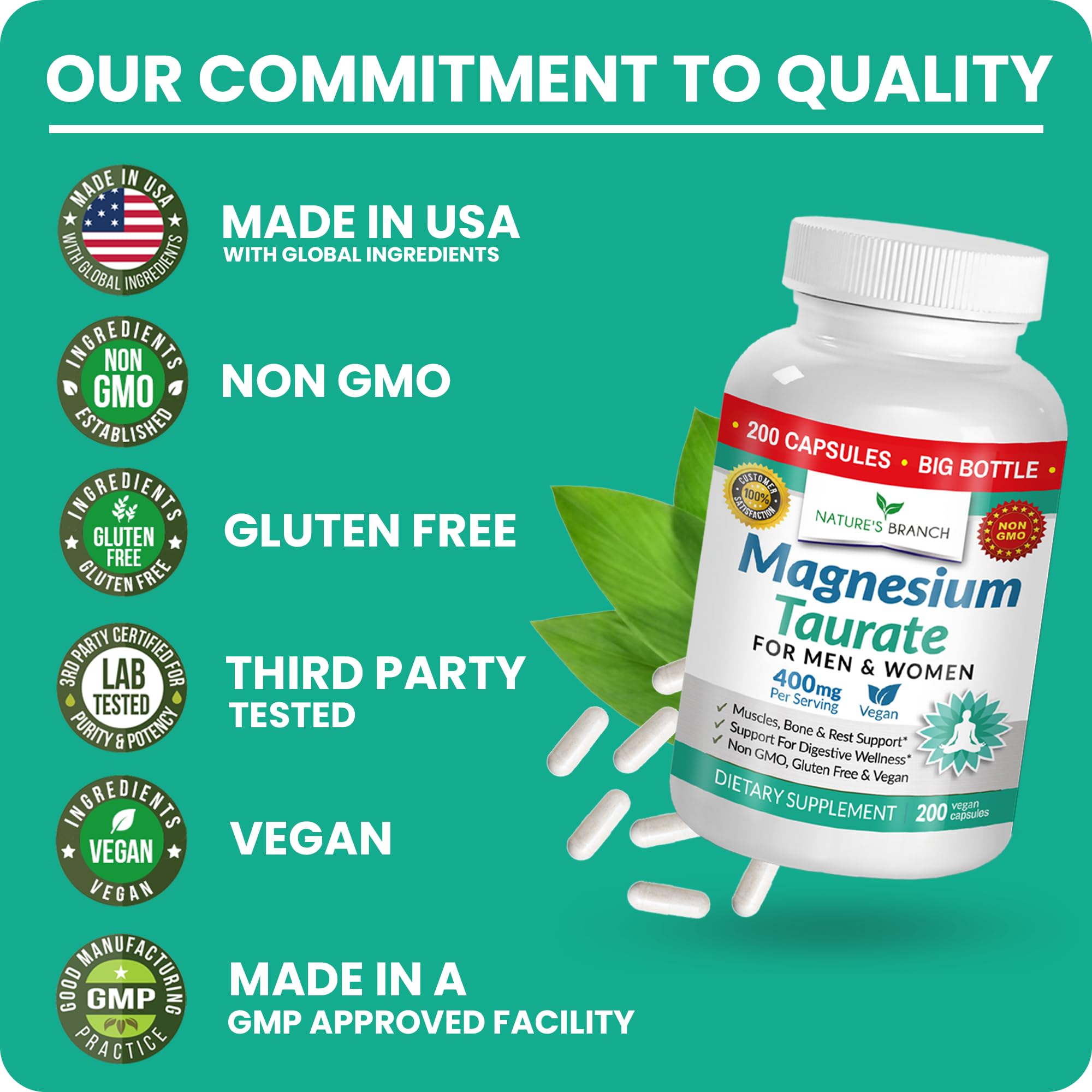 Seal of third-party testing on Nature's Branch Magnesium Taurate packaging