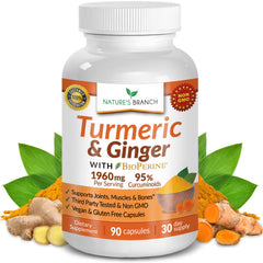 Nature's Branch Turmeric Ginger supplement bottle showing joint support packaging