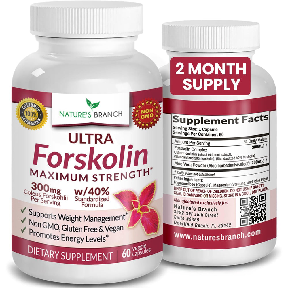 Nature's Branch Ultra Pure Forskolin bottle shows 40% potency for weight management potential