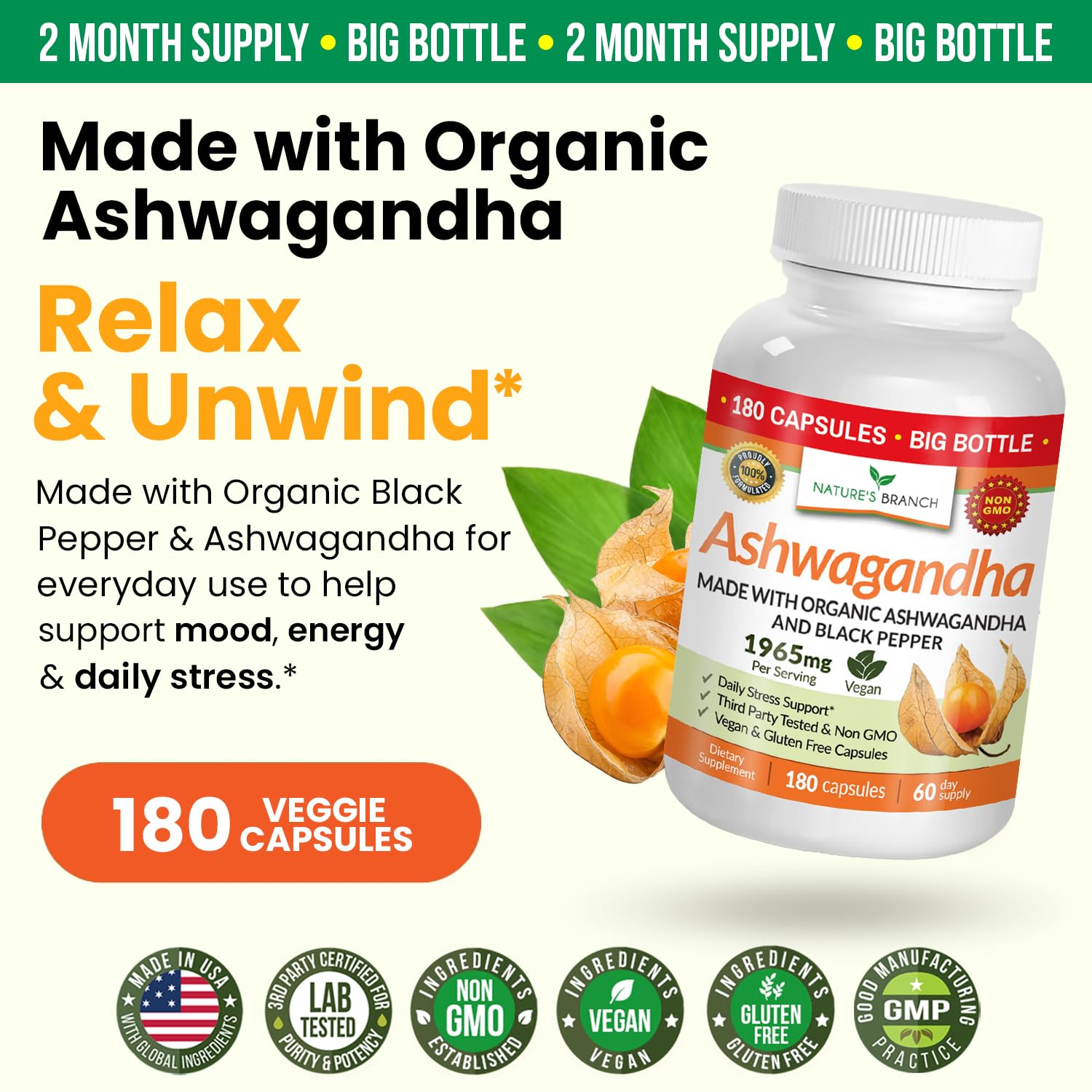 Nature's Branch vegan Ashwagandha capsules in a clear bottle.