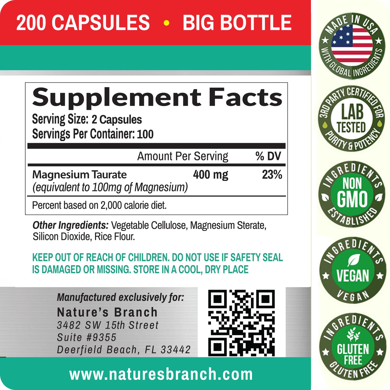 Nature's Branch vegan icon confirms plant-based magnesium taurate option