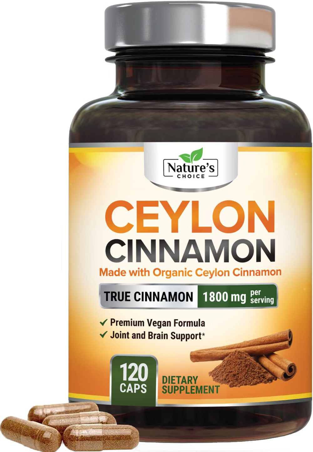 Nature's Choice Ceylon Cinnamon 1800mg bottle with high-strength organic capsules