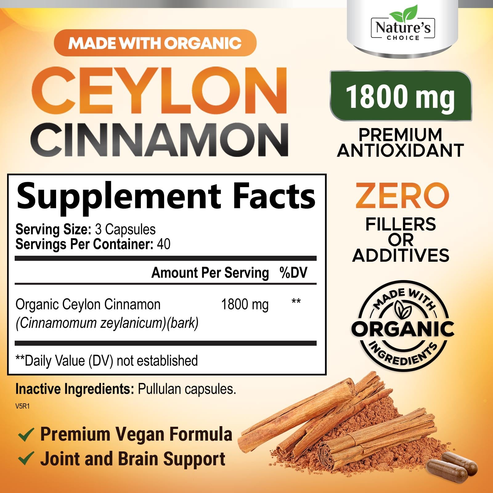 Nature's Choice cinnamon capsules close-up showing True Ceylon powder