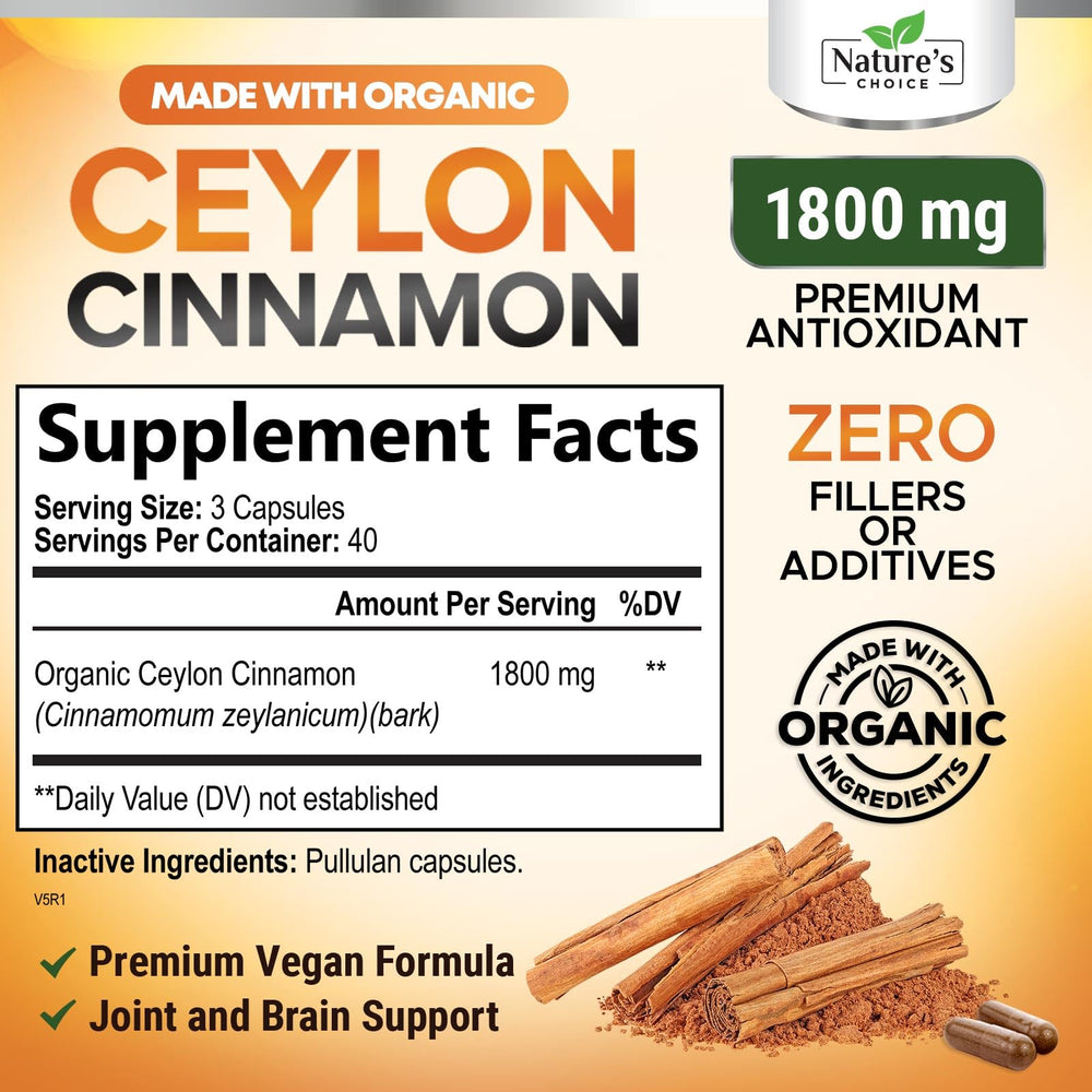 Nature's Choice cinnamon capsules close-up showing True Ceylon powder