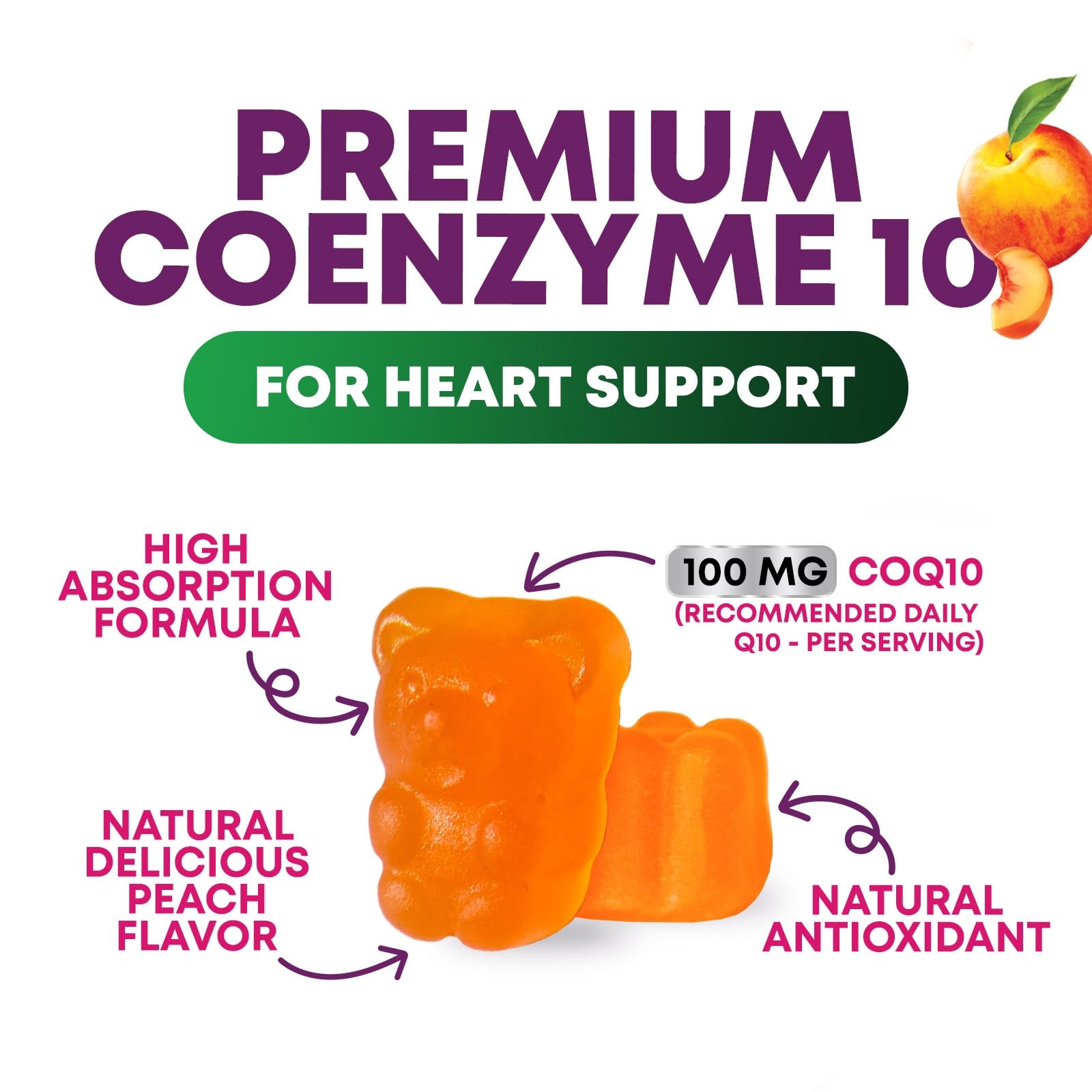 Nature's Choice CoQ10 gummies bottle side view on countertop.