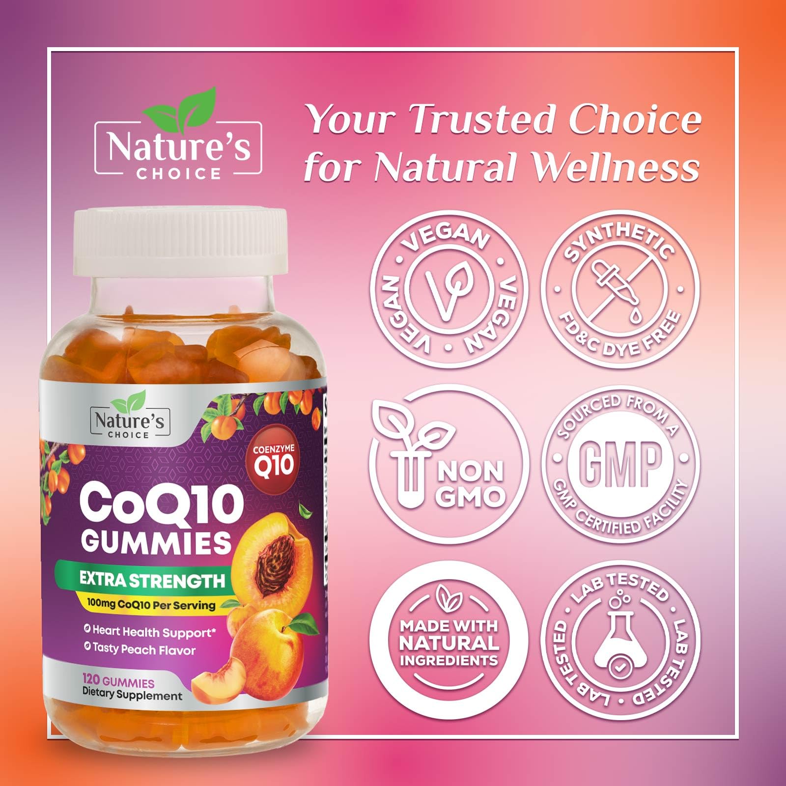Product label close-up highlighting Non-GMO and vegan notes on Nature's Choice CoQ10 gummies.