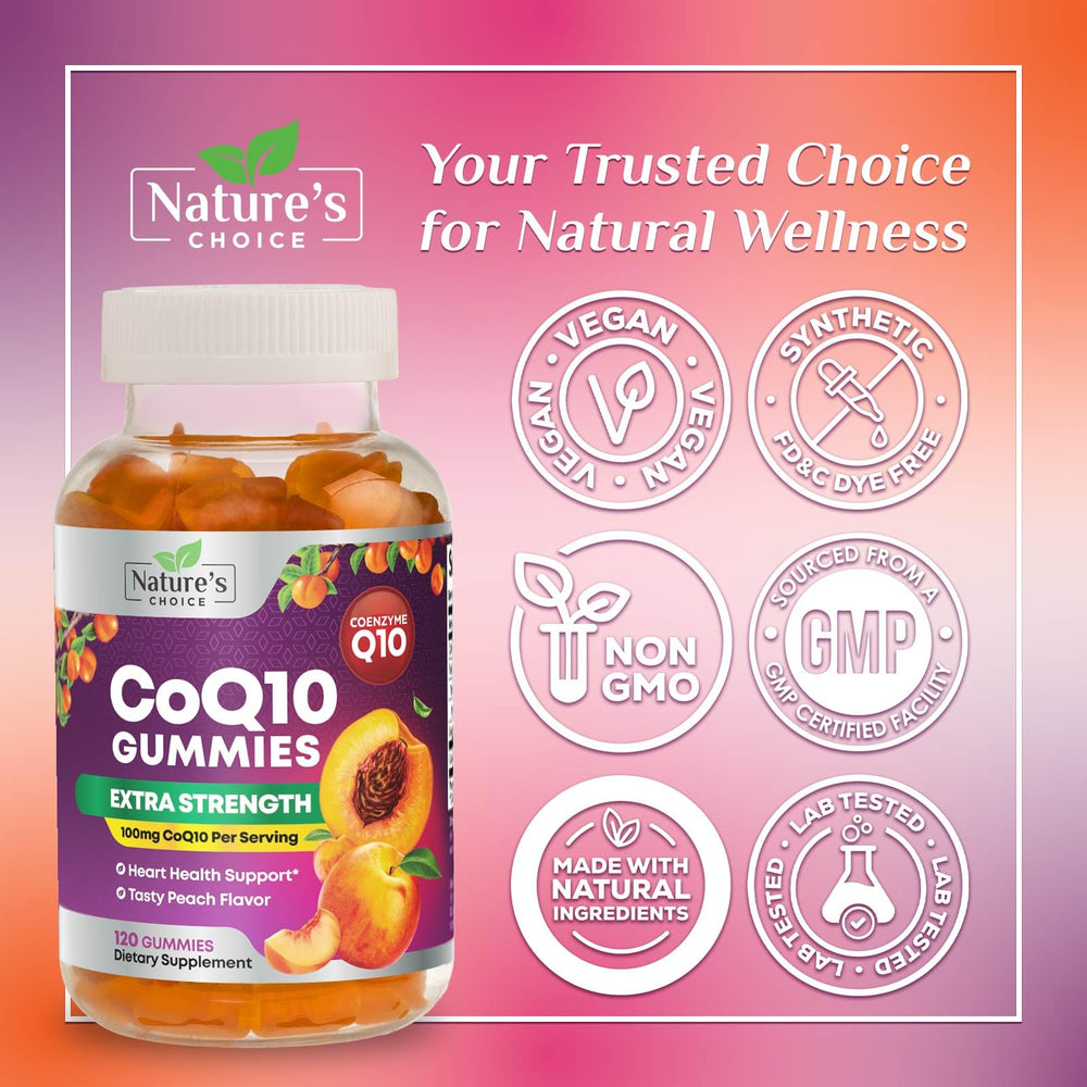 Product label close-up highlighting Non-GMO and vegan notes on Nature's Choice CoQ10 gummies.