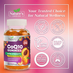 Product label close-up highlighting Non-GMO and vegan notes on Nature's Choice CoQ10 gummies.