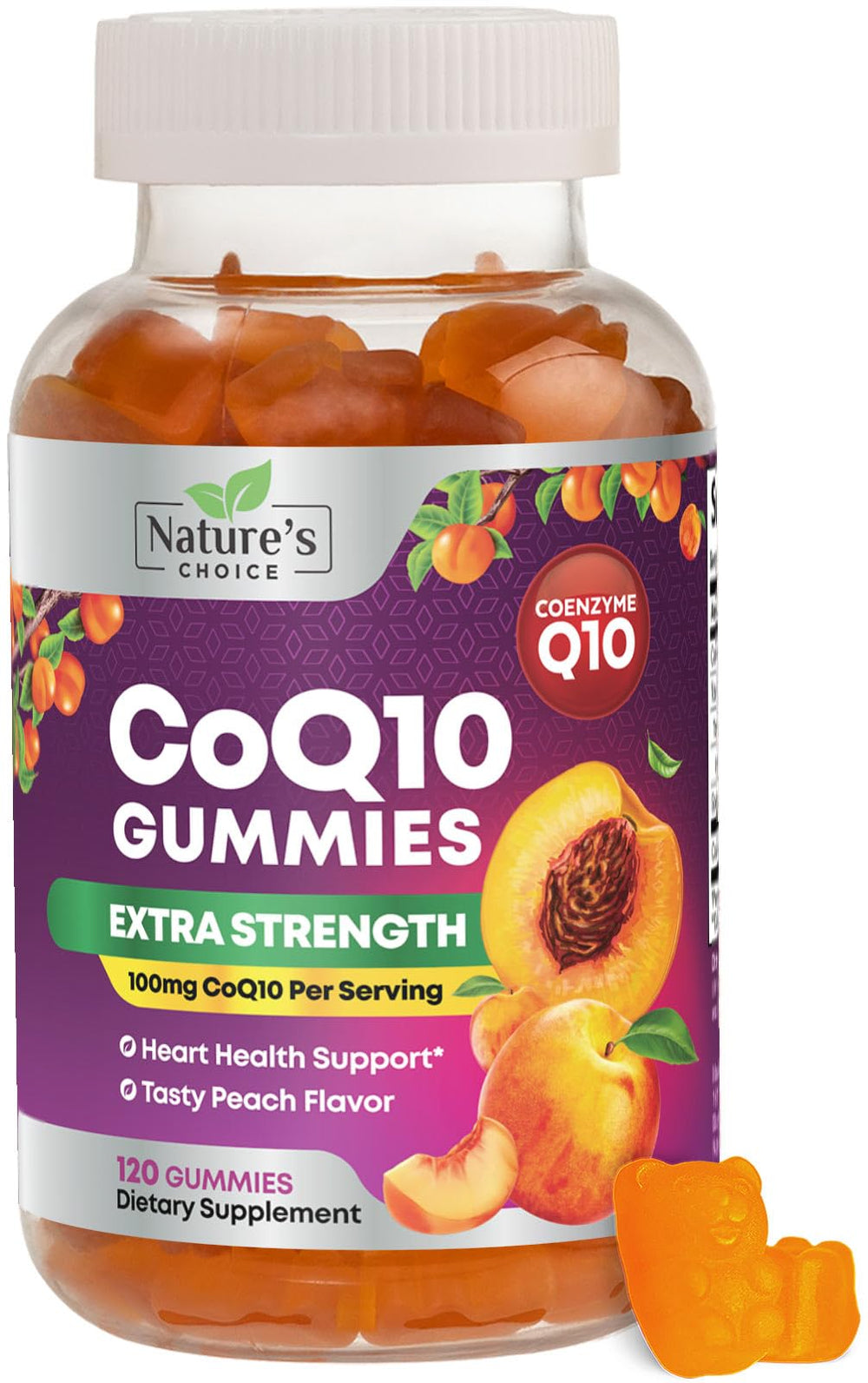 Nature's Choice CoQ10 gummies peach bottle for daily heart health support.