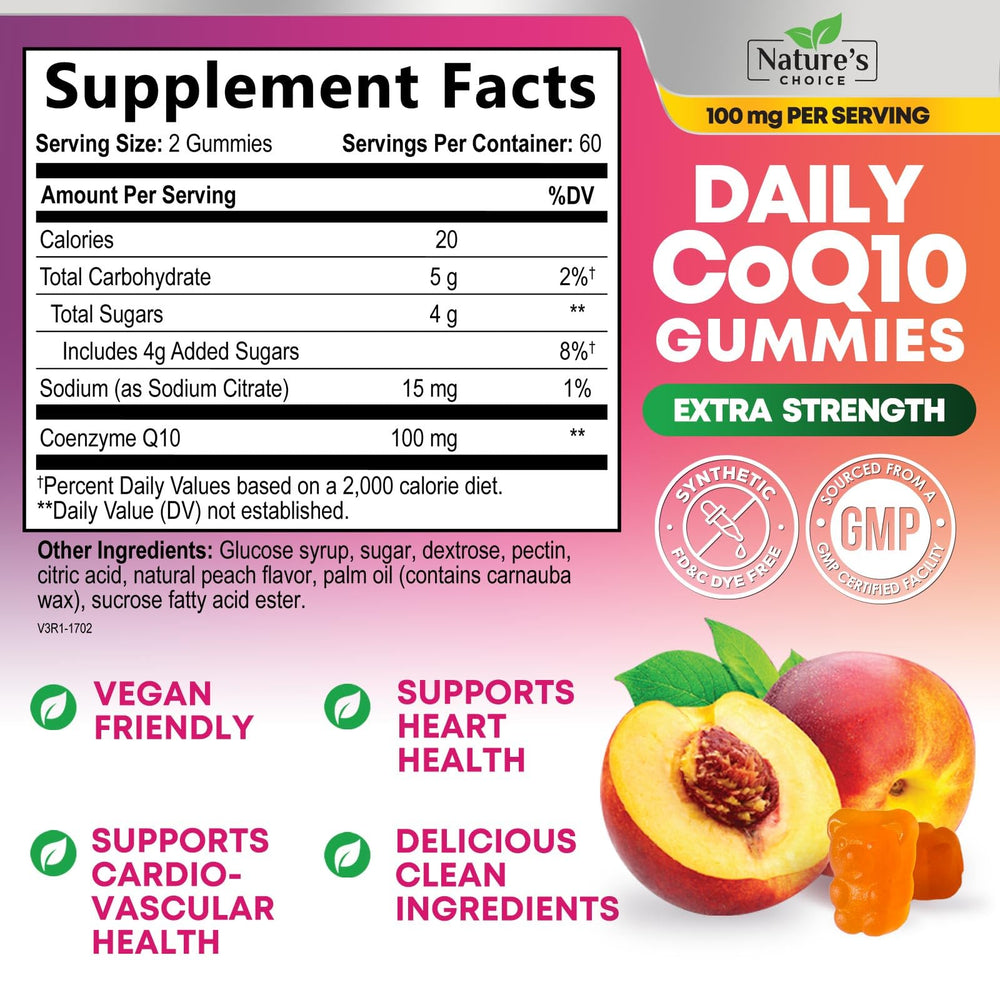 Close-up of Nature's Choice CoQ10 gummies showing chewy peach texture for daily use.