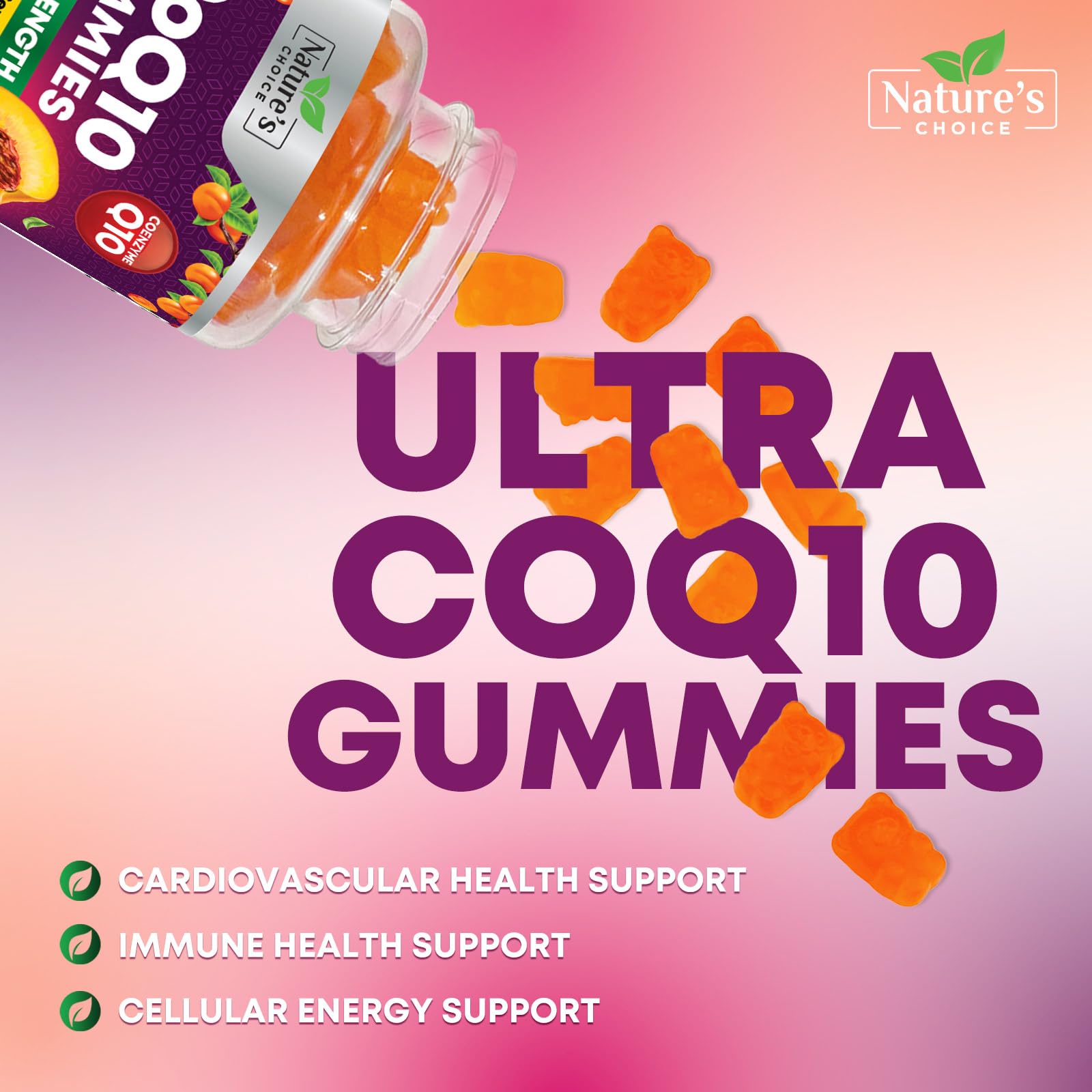 Gummy pouring from Nature's Choice bottle for easy daily use.