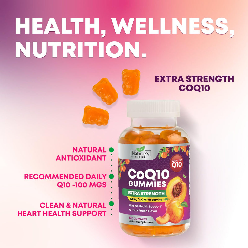 Vegan-friendly Nature's Choice CoQ10 gummies badge on packaging.