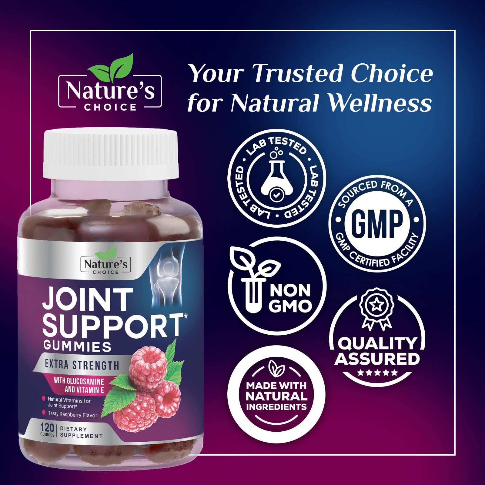 Nature's Choice Joint Health Gummies in a glass bowl showcases a tasty, easy daily habit.
