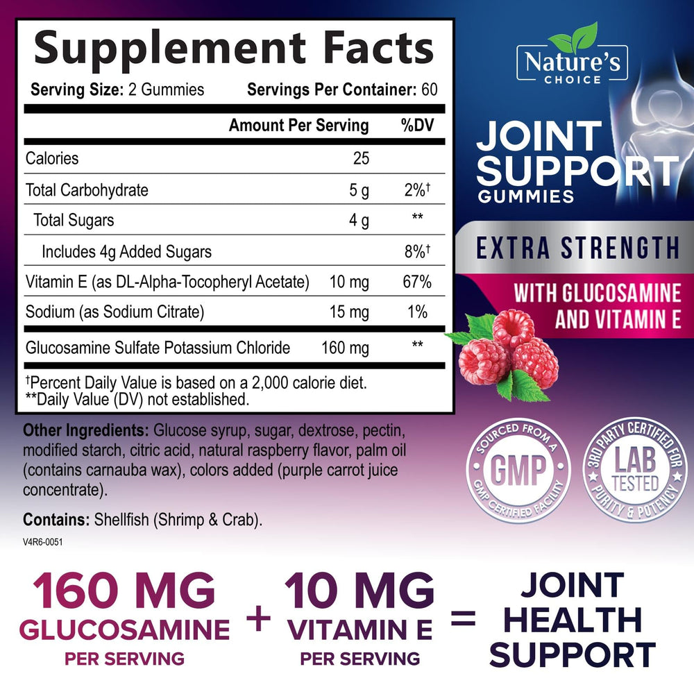 Nature's Choice Joint Support Gummies bottle closeup highlights convenient dosage and savory flavor.