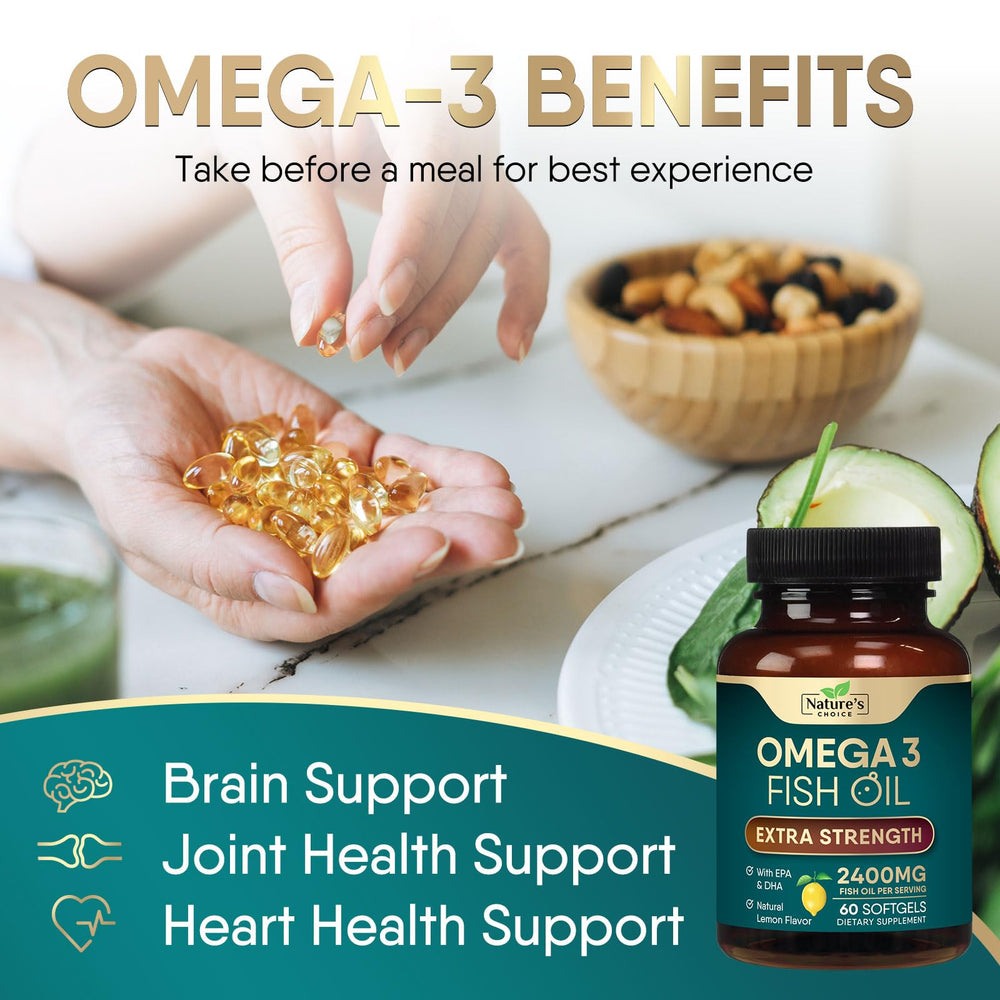 Nature's Choice Omega 3 bottle with gluten-free Non-GMO badge