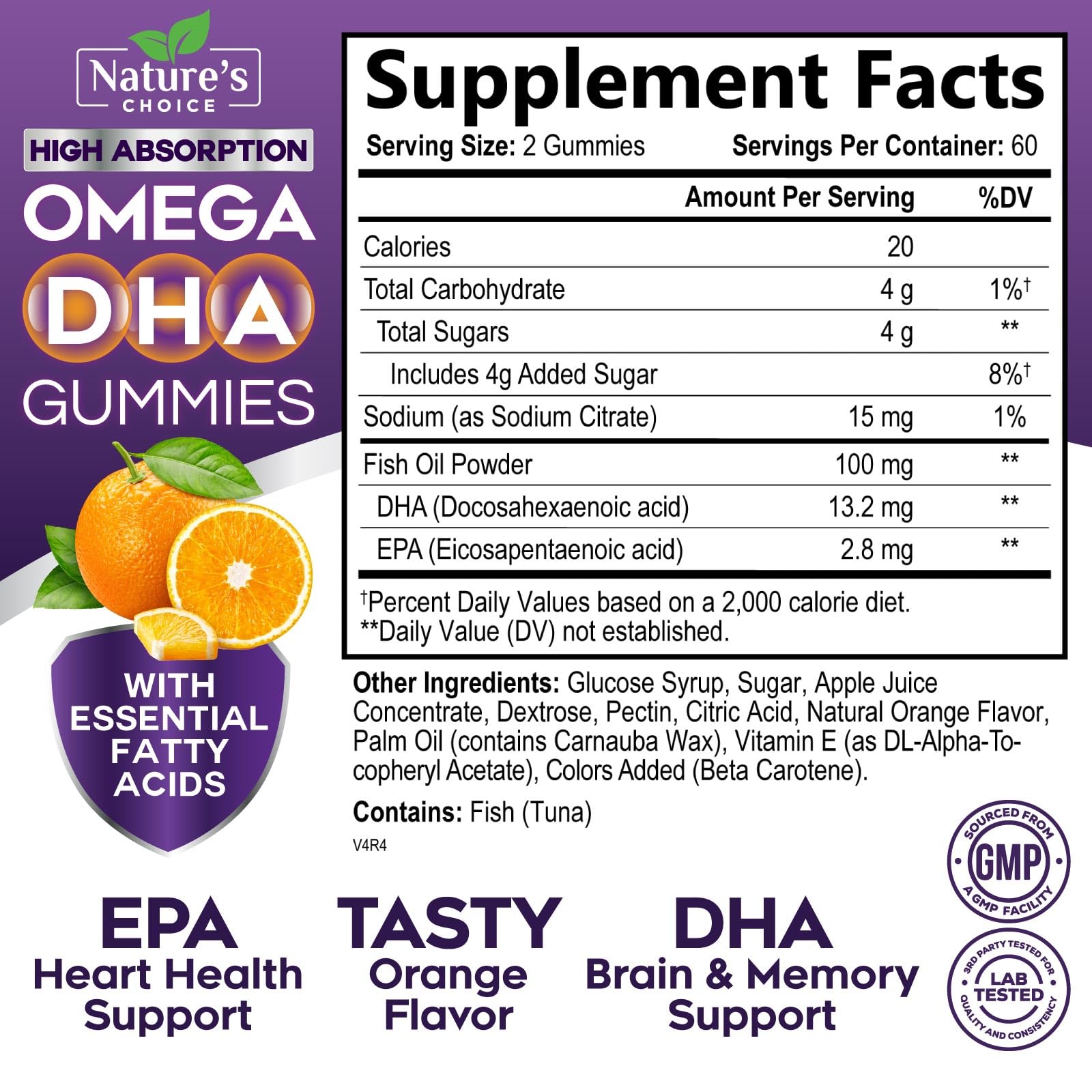 Nature's Choice Omega 3 Gummies bottle close-up highlighting orange flavor for daily support.