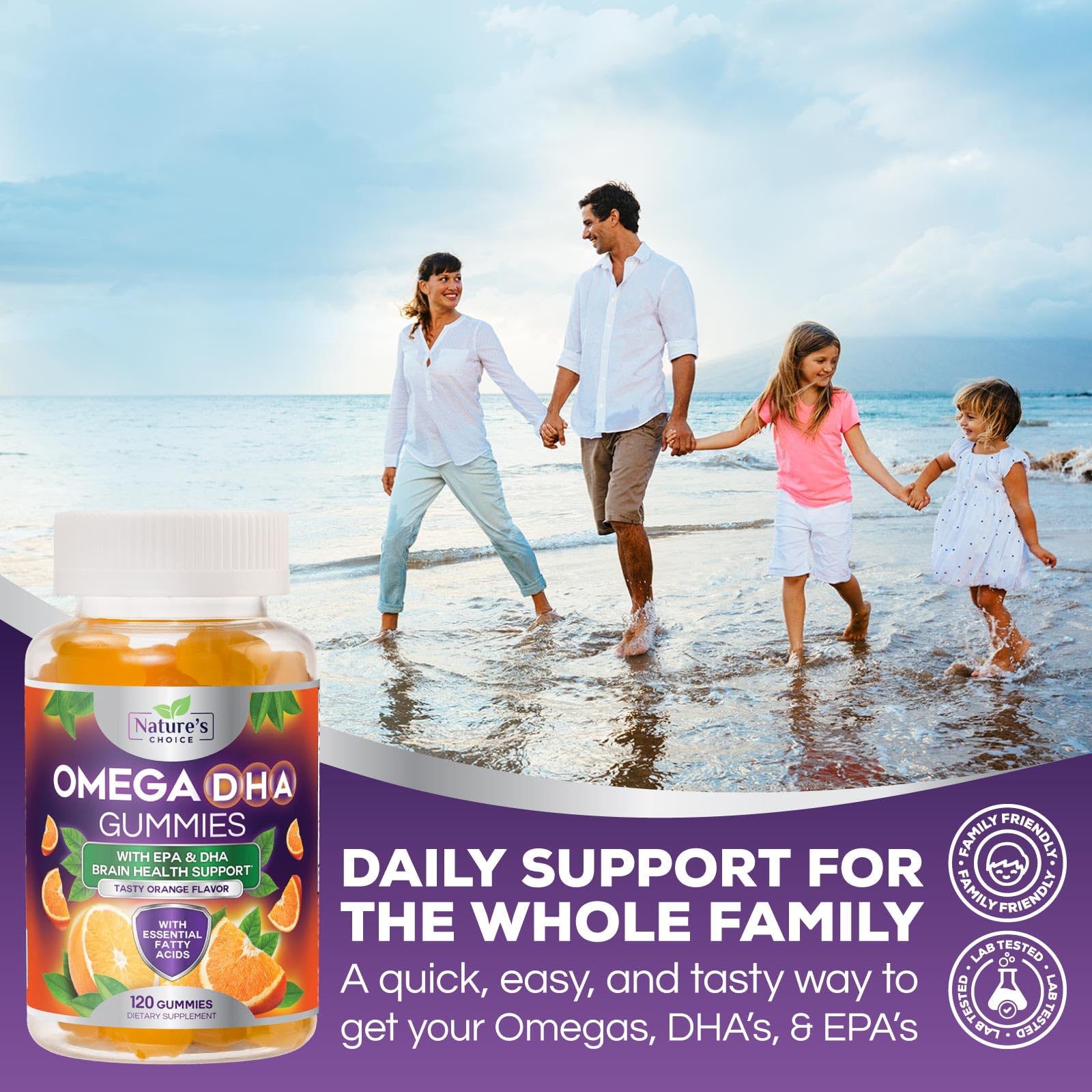 Nature's Choice Omega 3 Gummies label highlights DHA and EPA content.