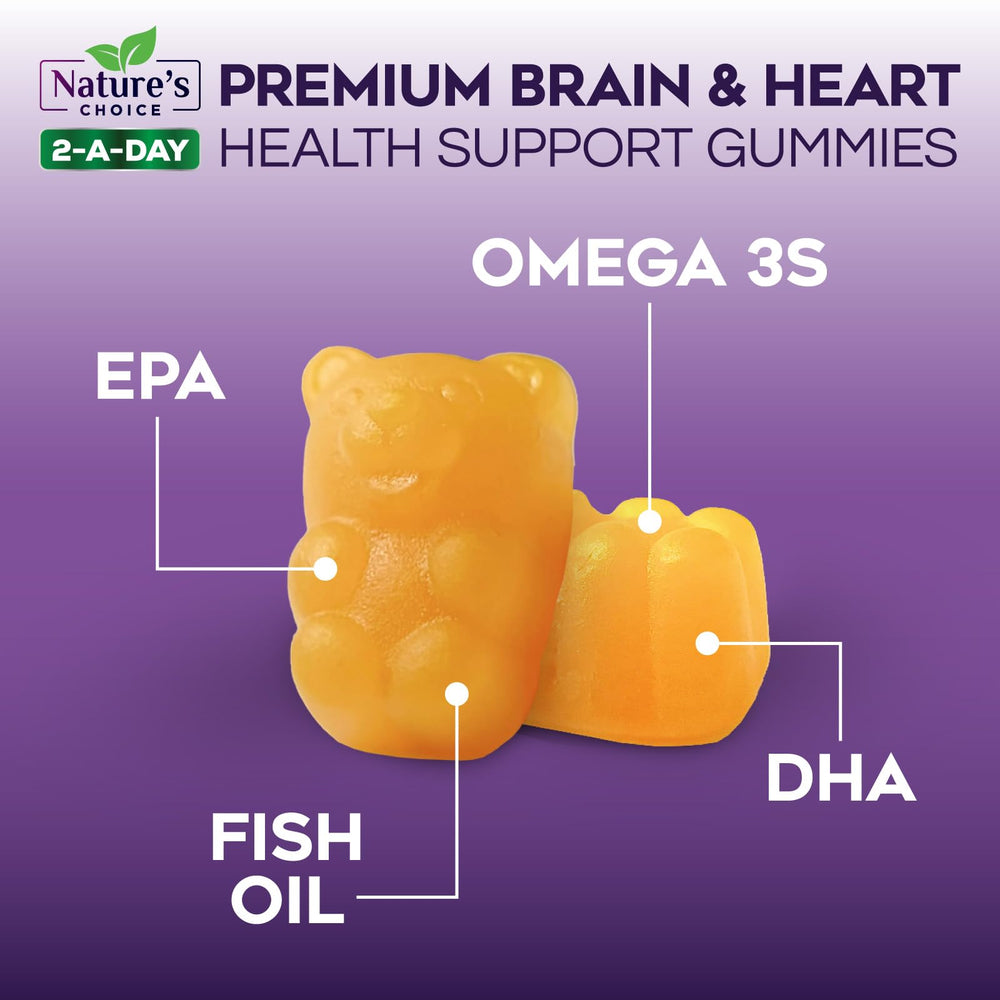 Nature's Choice Omega 3 Gummies orange flavor close-up for convenient daily intake.