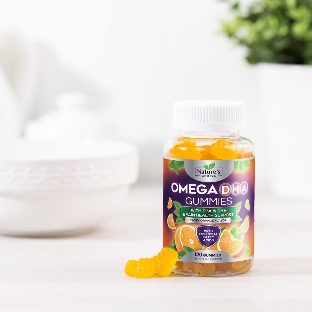 Pouring Nature's Choice Omega 3 Gummies into a hand for daily routine.