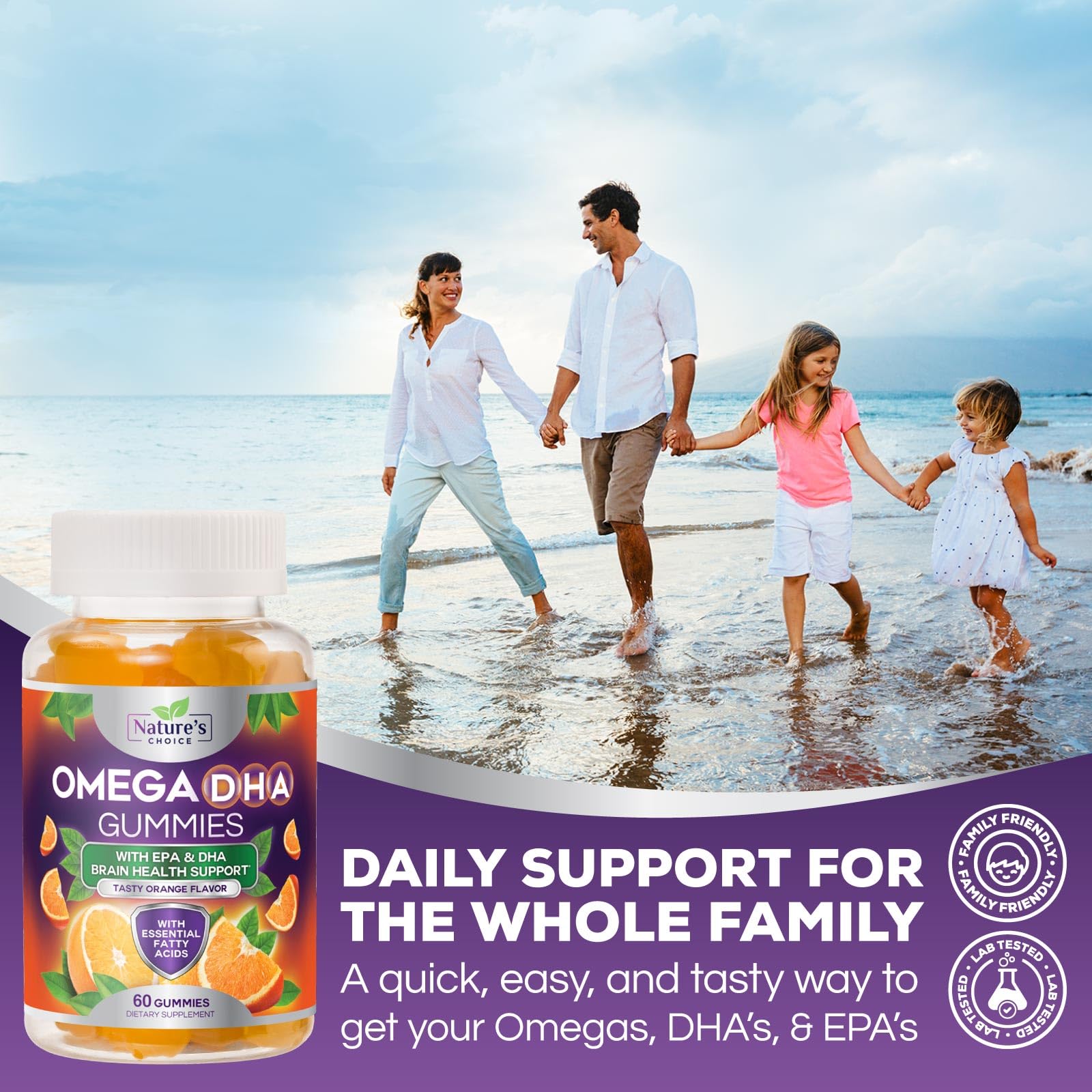 Nature's Choice Omega3 Gummies bottle label with dosage and benefits at a glance