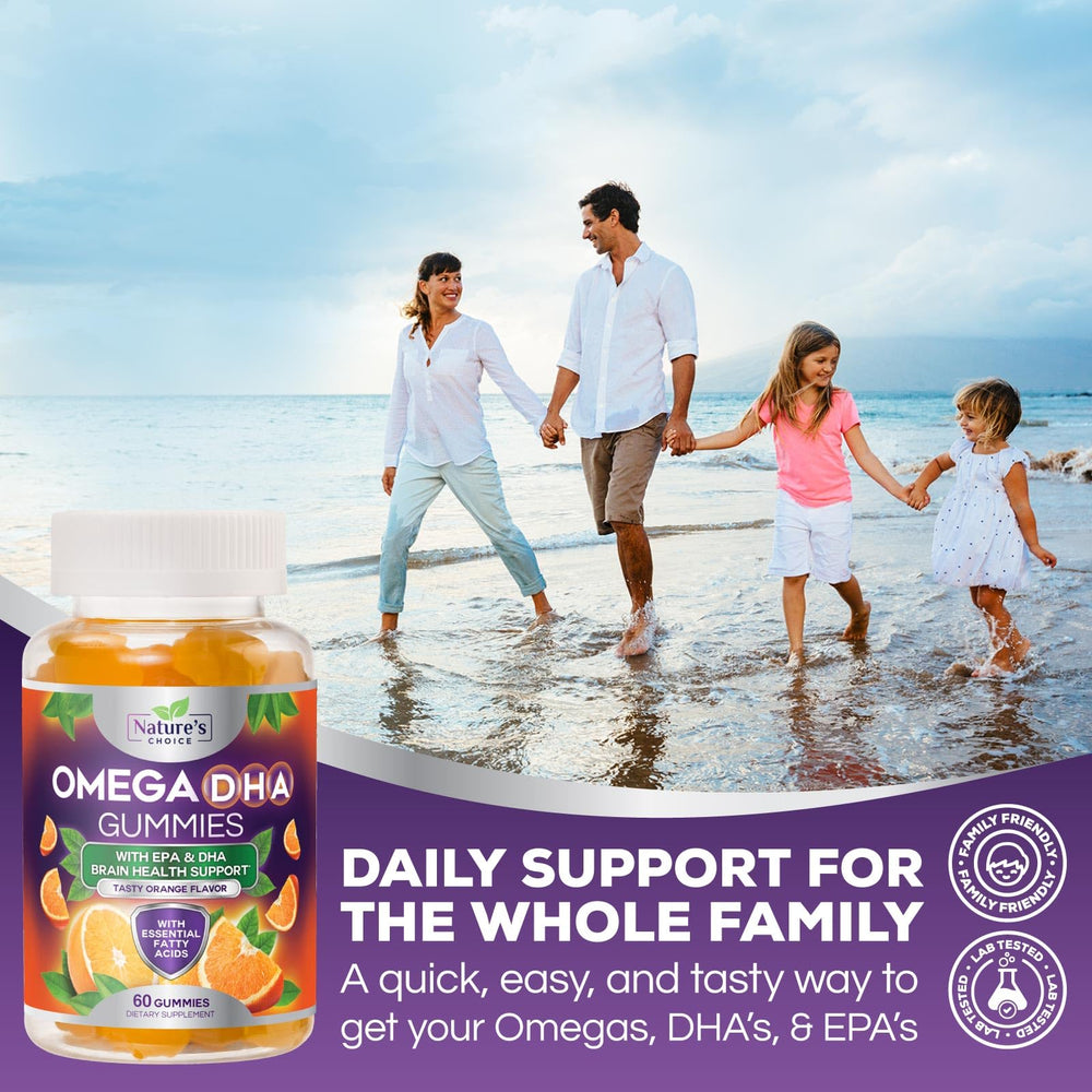 Nature's Choice Omega3 Gummies bottle label with dosage and benefits at a glance
