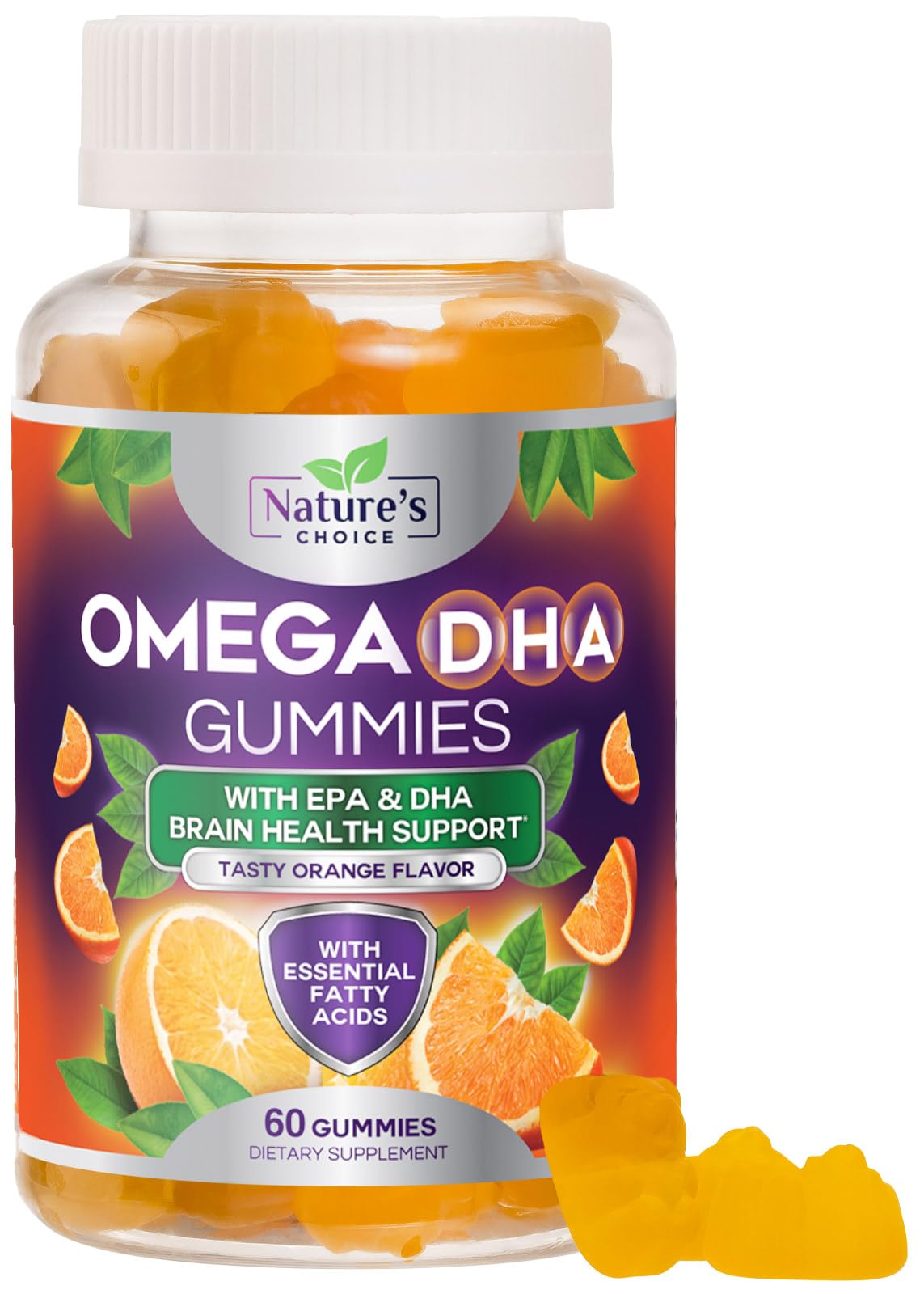 Nature's Choice Omega3 Gummies orange bottle shows bright flavor and easy daily use for heart and brain support