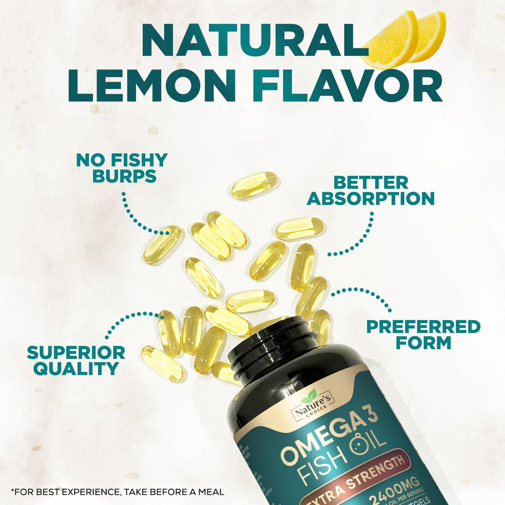 Nature's Choice Omega 3 softgels cap in hand for daily intake
