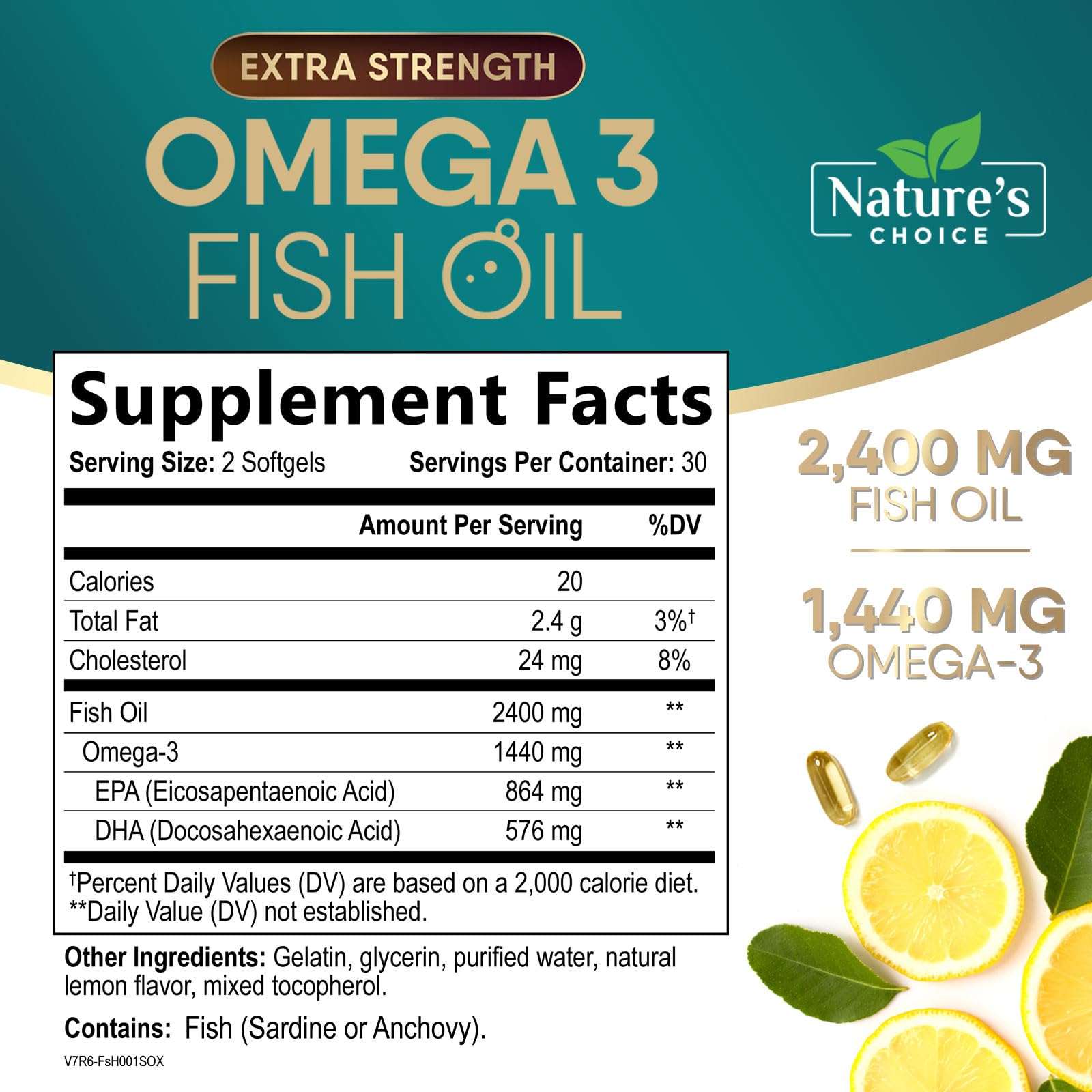 Nature's Choice Omega 3 softgels closeup, burpless daily capsules