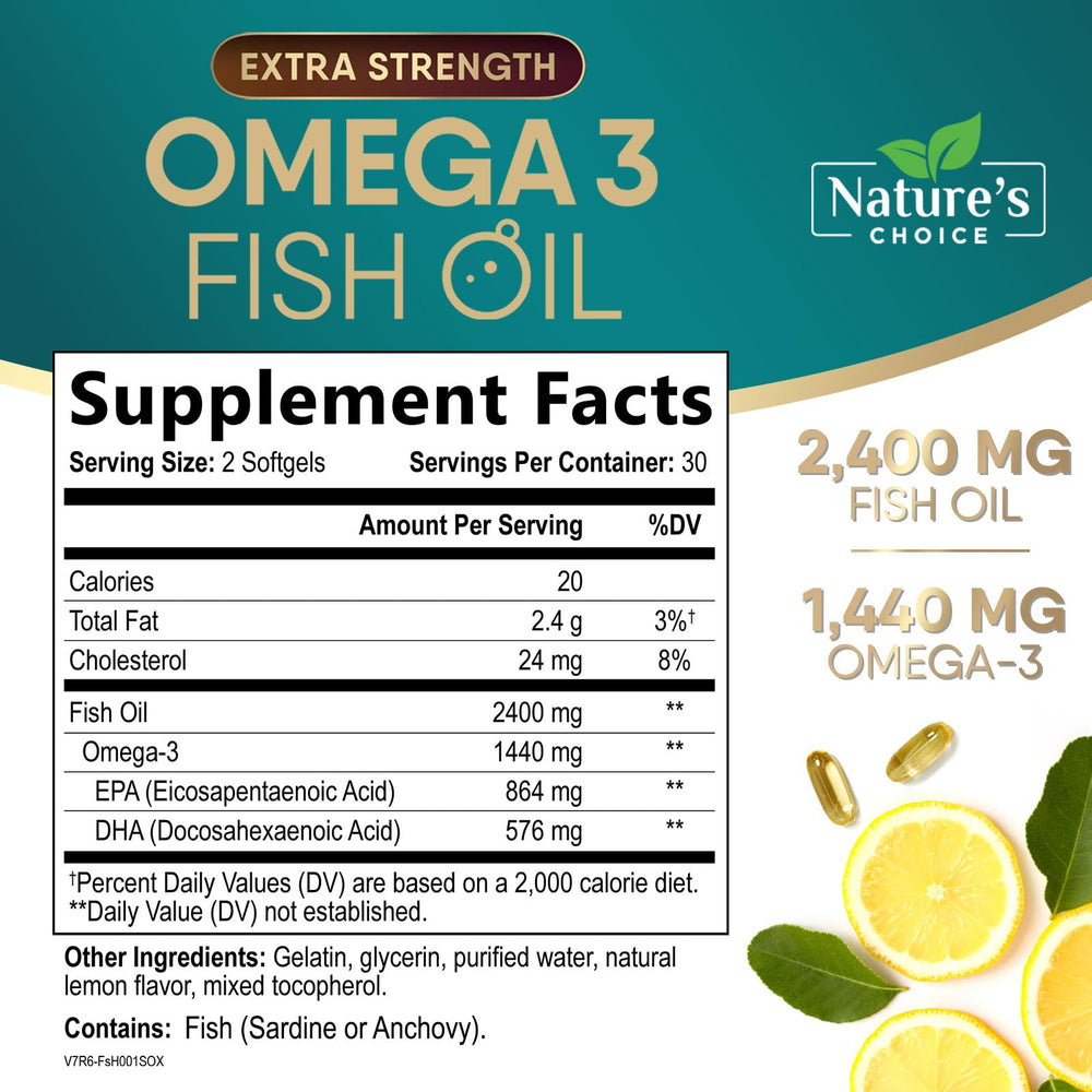 Nature's Choice Omega 3 softgels closeup, burpless daily capsules