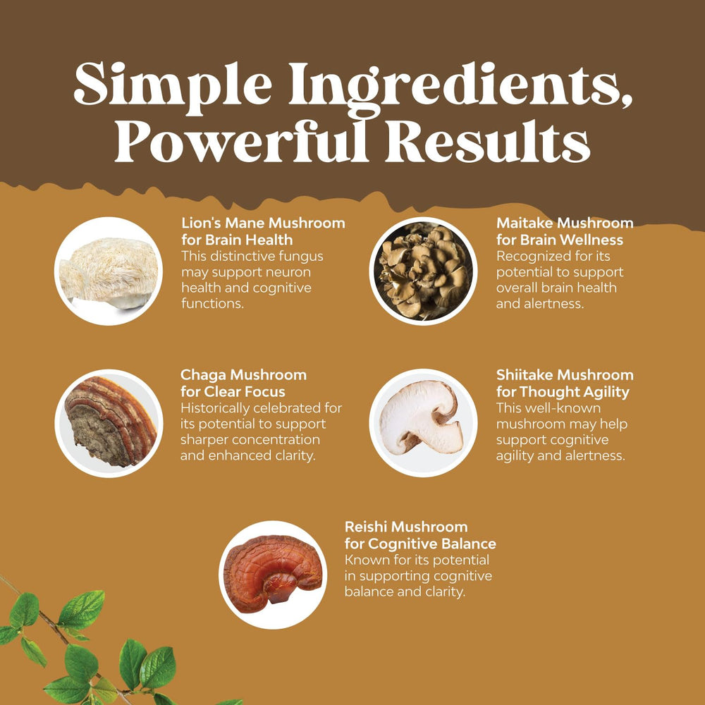 Natures Craft 5-in-1 formula label showcases synergistic mushroom power for focus and memory.