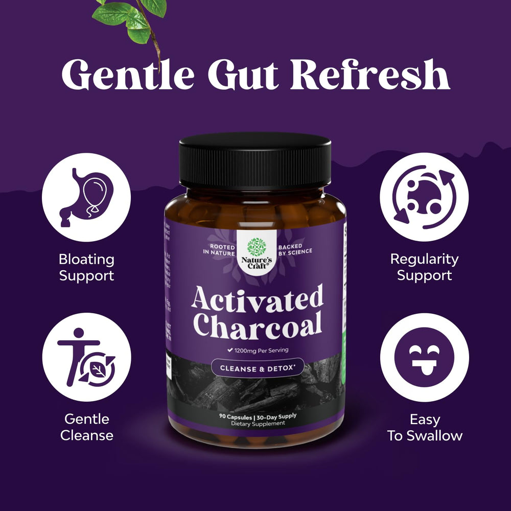 Natures Craft label closeup emphasizes coconut charcoal origin and vegan, non-GMO formulation.